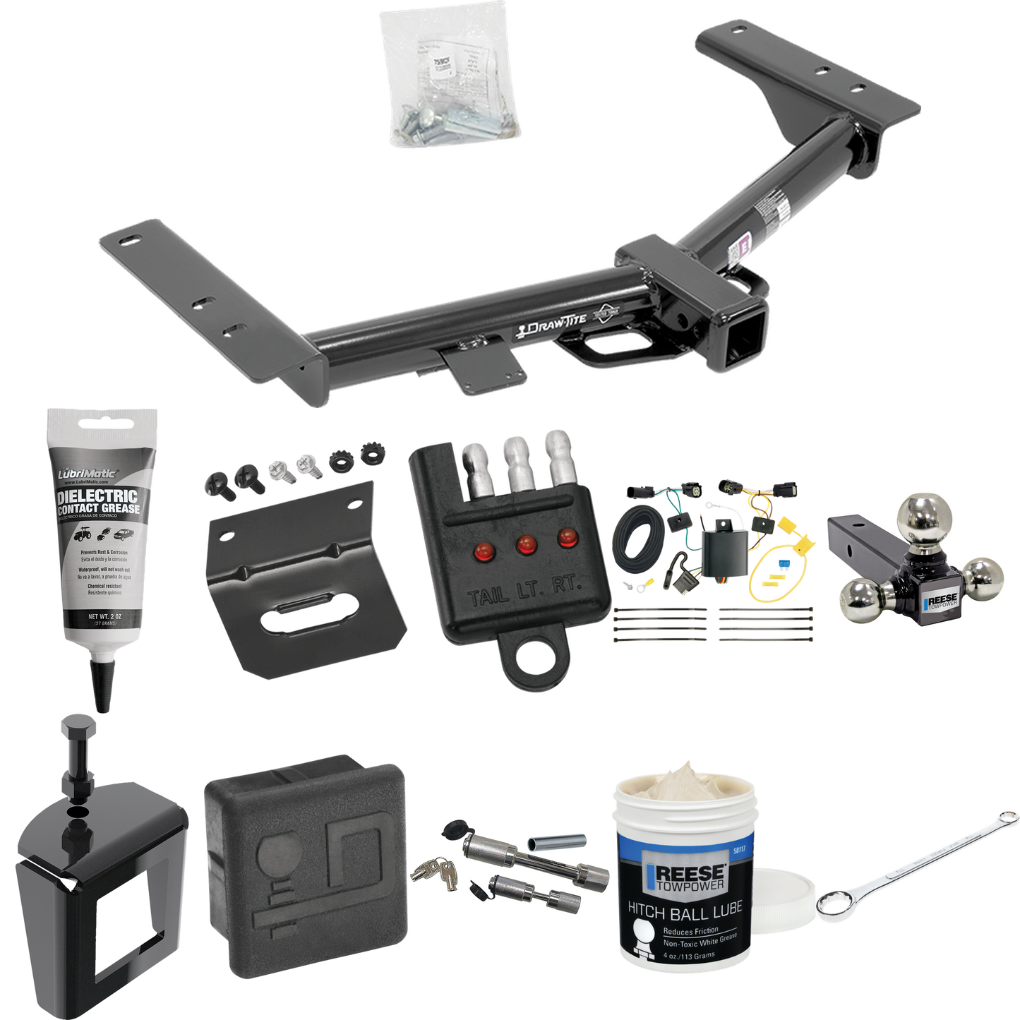 Fits 2015-2023 Ford Transit-250 Trailer Hitch Tow PKG w/ 4-Flat Wiring + Triple Ball Ball Mount 1-7/8" & 2" & 2-5/16" Trailer Balls + Wiring Bracket + Hitch Cover + Dual Hitch & Coupler Locks + Wiring Tester + Ball Lube + Electric Grease + Ball Wrenc