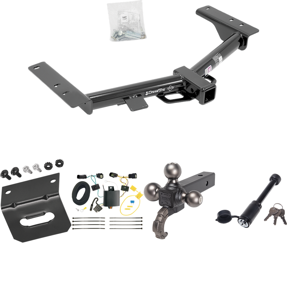 Fits 2015-2023 Ford Transit-150 Trailer Hitch Tow PKG w/ 4-Flat Wiring + Tactical Triple Ball Ball Mount 1-7/8" & 2" & 2-5/16" Balls & Tow Hook + Tactical Dogbone Lock + Wiring Bracket (Excludes: Cab & Chassis and the Cutaway Models) By Draw-Tite