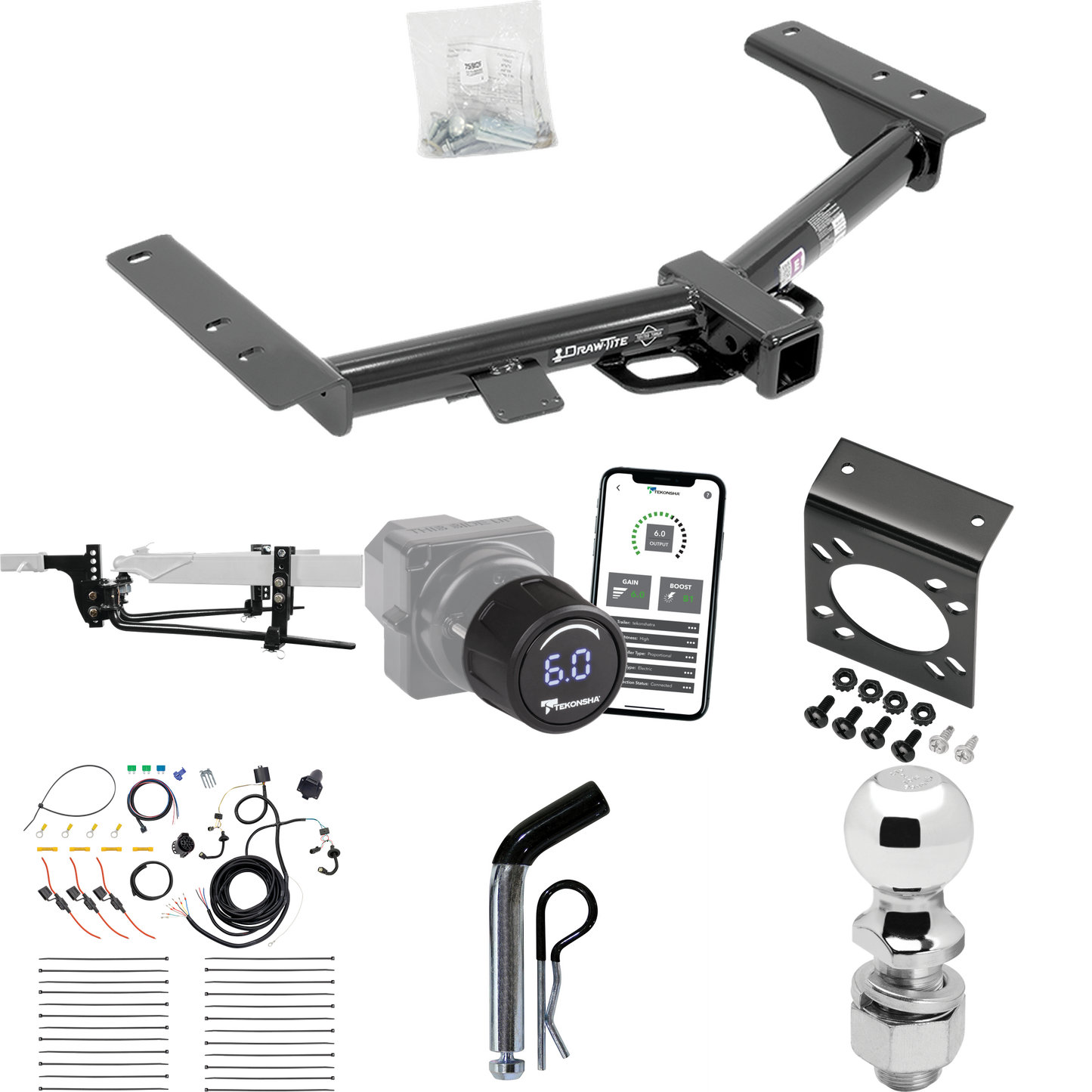 Fits 2015-2023 Ford Transit-250 Trailer Hitch Tow PKG w/ 8K Round Bar Weight Distribution Hitch w/ 2-5/16" Ball + 2" Ball + Pin/Clip + Tekonsha Prodigy iD Bluetooth Wireless Brake Control + 7-Way RV Wiring (Excludes: Cab & Chassis and the Cutaway Mod