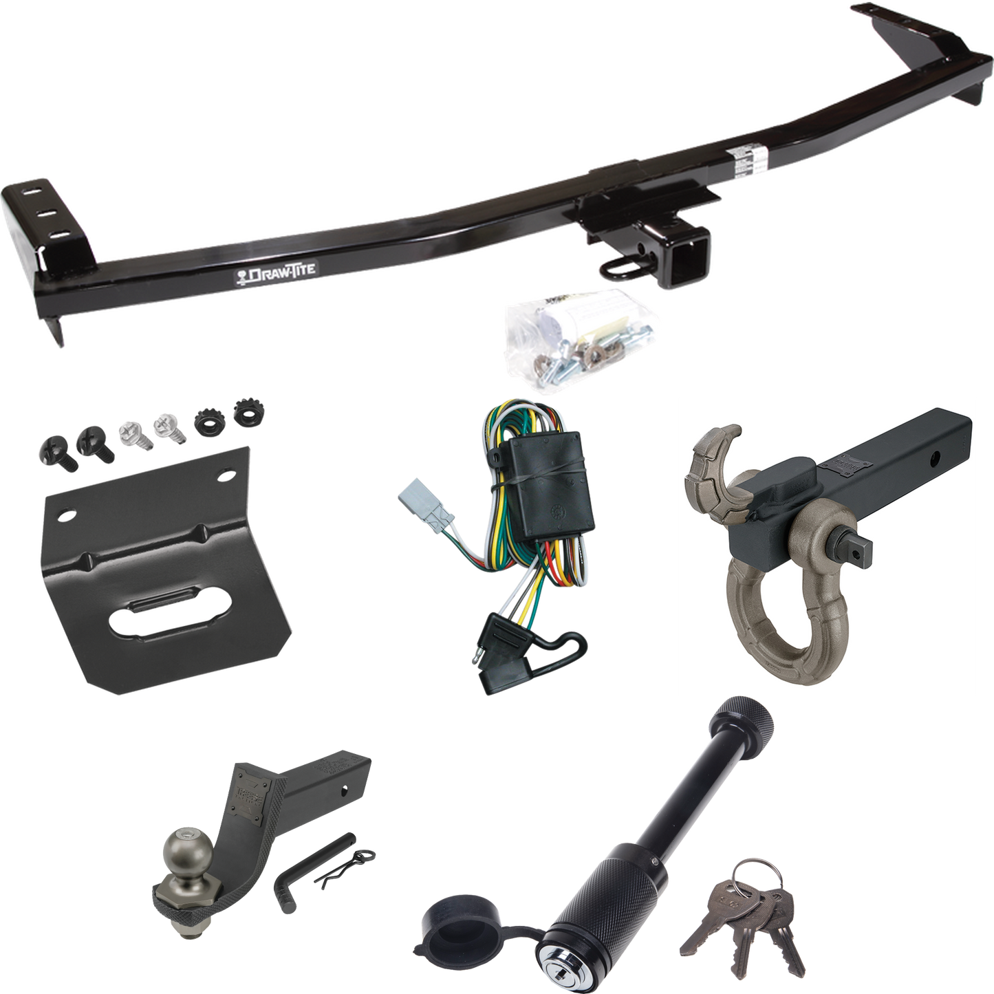 Fits 2001-2006 Acura MDX Trailer Hitch Tow PKG w/ 4-Flat Wiring + Interlock Tactical Starter Kit w/ 3-1/4" Drop & 2" Ball + Tactical Hook & Shackle Mount + Tactical Dogbone Lock + Wiring Bracket (Excludes: w/Full Size Spare Tire Models) By Draw-Tite