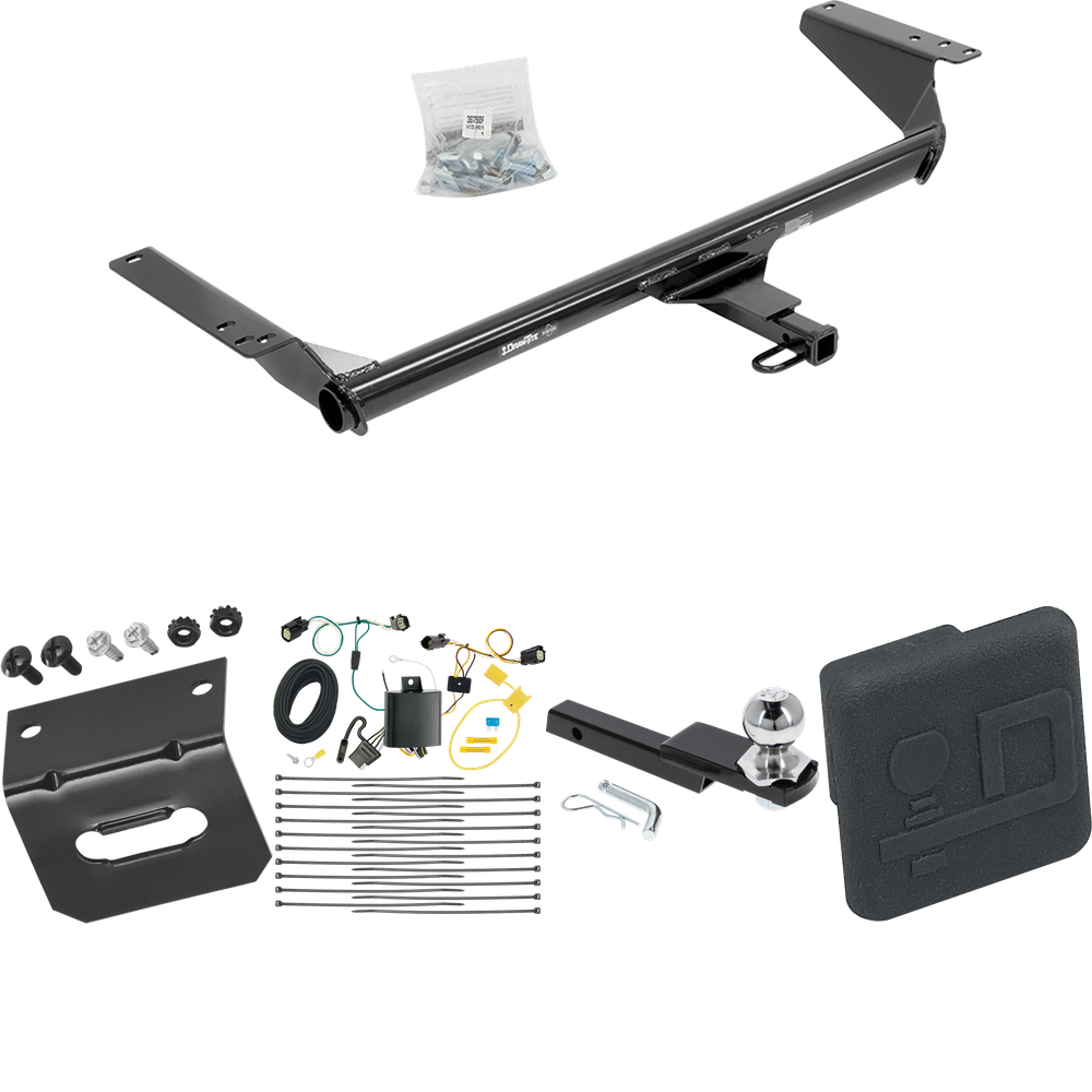 Fits 2017-2020 Chrysler Pacifica Trailer Hitch Tow PKG w/ 4-Flat Wiring Harness + Interlock Starter Kit w/ 2" Ball 1-1/4" Drop 3/4" Rise + Wiring Bracket + Hitch Cover (For Touring Plus Models) By Draw-Tite