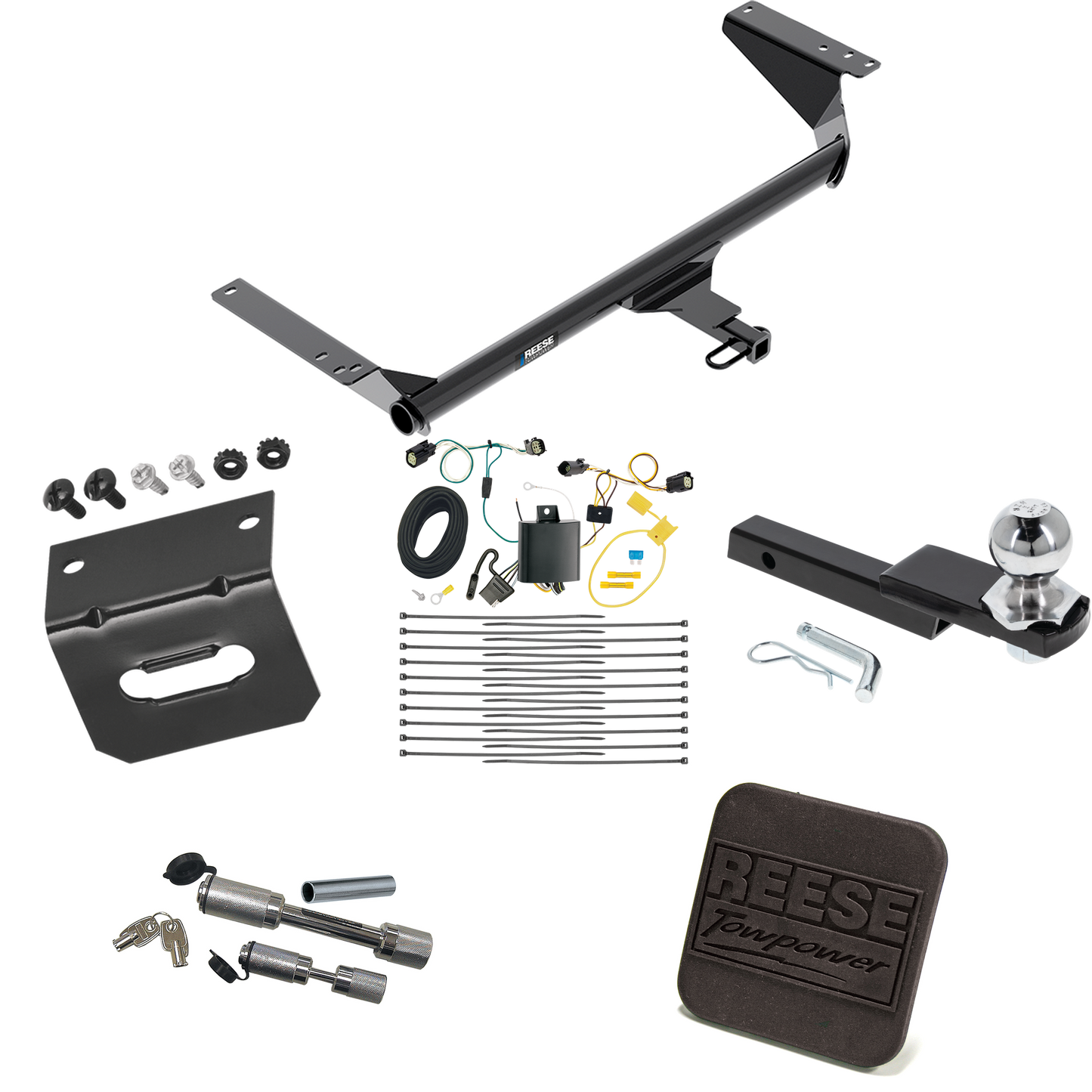 Fits 2017-2020 Chrysler Pacifica Trailer Hitch Tow PKG w/ 4-Flat Wiring Harness + Interlock Starter Kit w/ 2" Ball 1-1/4" Drop 3/4" Rise + Wiring Bracket + Hitch Cover + Dual Hitch & Coupler Locks (For Touring L Models) By Reese Towpower