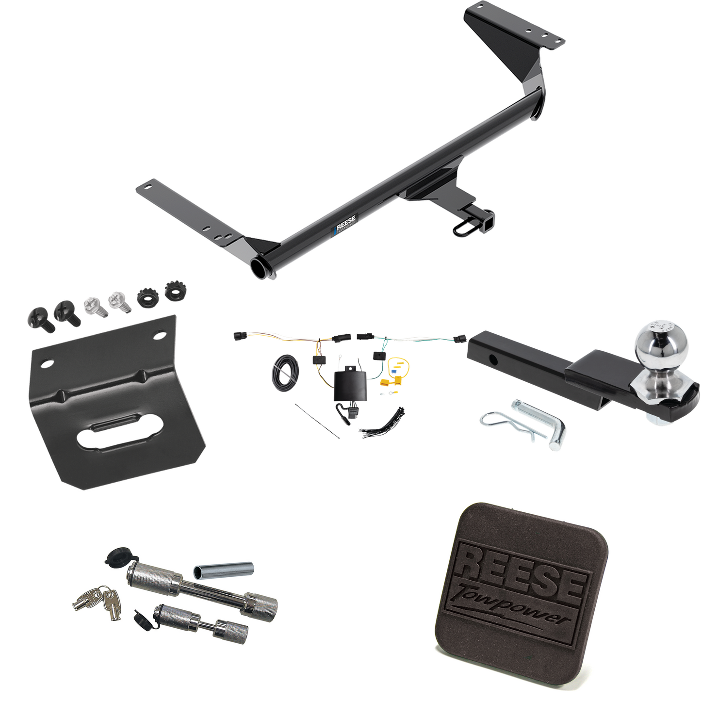 Fits 2021-2023 Chrysler Pacifica Trailer Hitch Tow PKG w/ 4-Flat Wiring Harness + Interlock Starter Kit w/ 2" Ball 1-1/4" Drop 3/4" Rise + Wiring Bracket + Hitch Cover + Dual Hitch & Coupler Locks (For Touring L Models) By Reese Towpower