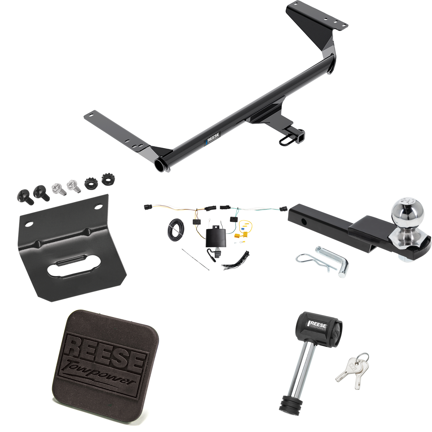 Fits 2021-2023 Chrysler Pacifica Trailer Hitch Tow PKG w/ 4-Flat Wiring Harness + Interlock Starter Kit w/ 2" Ball 1-1/4" Drop 3/4" Rise + Wiring Bracket + Hitch Cover + Hitch Lock (For Limited Models) By Reese Towpower