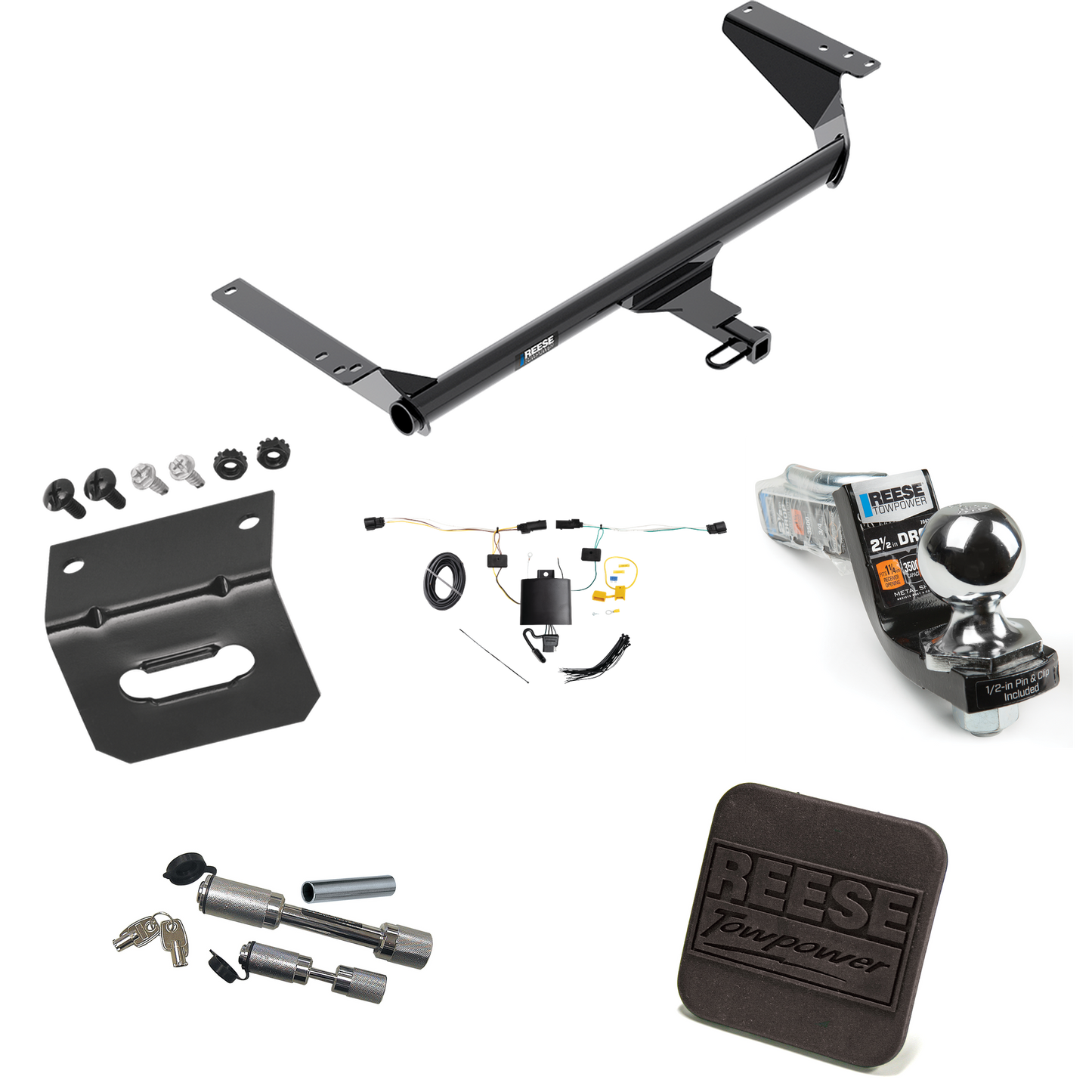 Fits 2021-2023 Chrysler Pacifica Trailer Hitch Tow PKG w/ 4-Flat Wiring Harness + Interlock Starter Kit w/ 2" Ball 2-1/2" Drop 2" Rise + Wiring Bracket + Hitch Cover + Dual Hitch & Coupler Locks (For Touring Models) By Reese Towpower