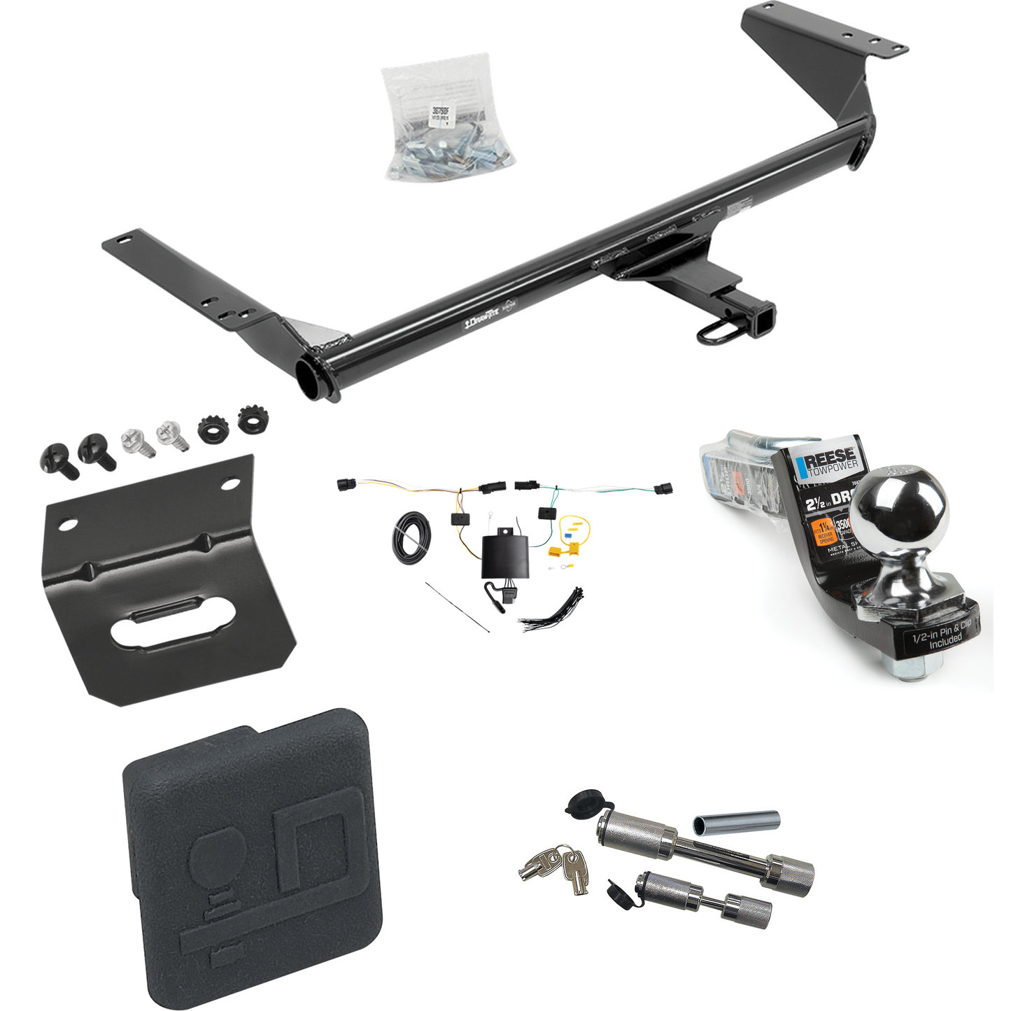 Fits 2021-2023 Chrysler Pacifica Trailer Hitch Tow PKG w/ 4-Flat Wiring Harness + Interlock Starter Kit w/ 2" Ball 2-1/2" Drop 2" Rise + Wiring Bracket + Hitch Cover + Dual Hitch & Coupler Locks (For Touring Models) By Draw-Tite