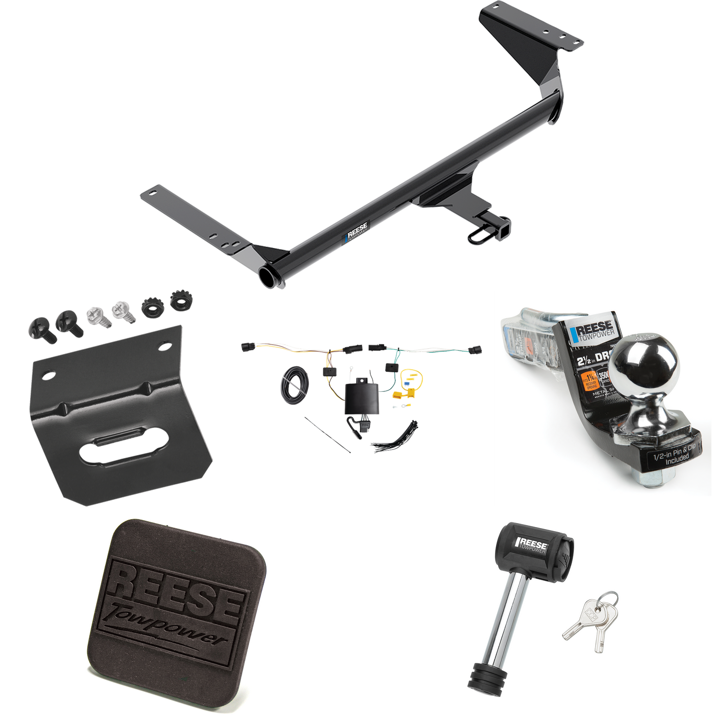 Fits 2021-2023 Chrysler Pacifica Trailer Hitch Tow PKG w/ 4-Flat Wiring Harness + Interlock Starter Kit w/ 2" Ball 2-1/2" Drop 2" Rise + Wiring Bracket + Hitch Cover + Hitch Lock (For Touring Plus Models) By Reese Towpower