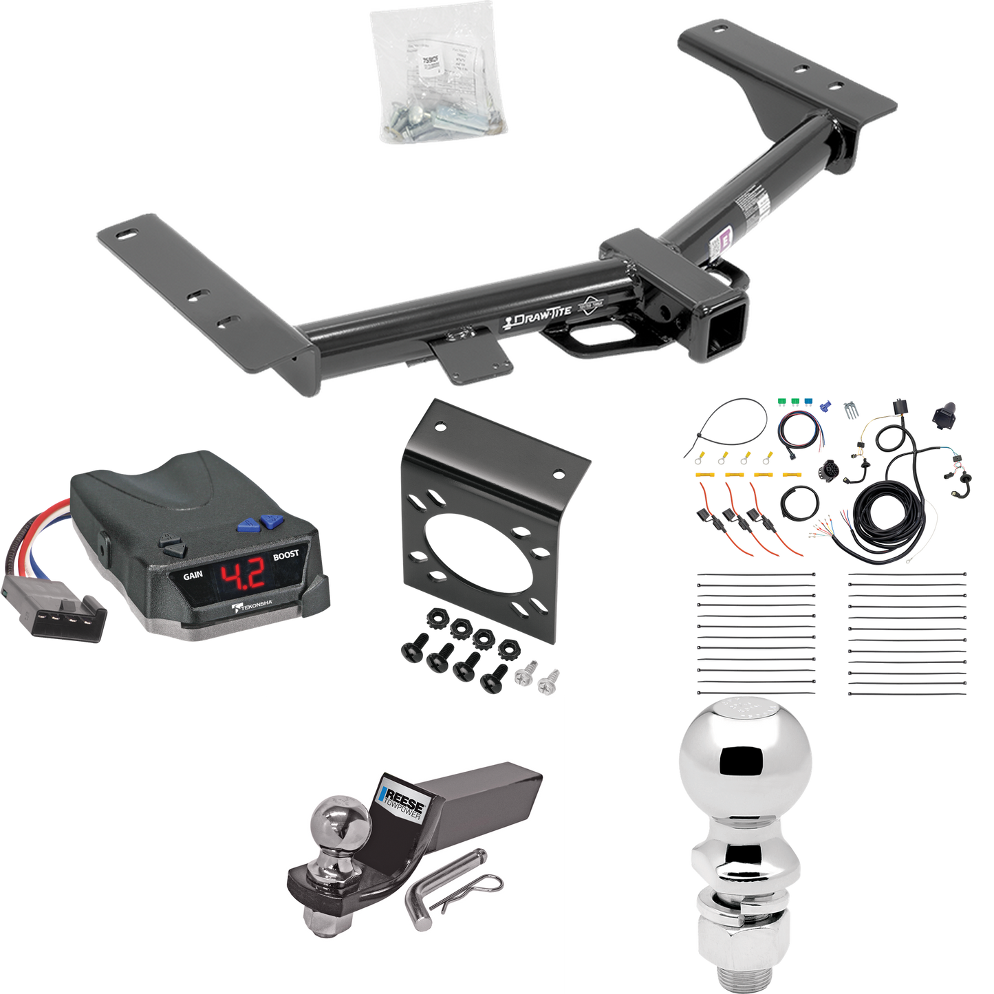 Fits 2015-2023 Ford Transit-150 Trailer Hitch Tow PKG w/ Tekonsha BRAKE-EVN Brake Control + 7-Way RV Wiring + 2" & 2-5/16" Ball & Drop Mount (Excludes: Cab & Chassis and the Cutaway Models) By Draw-Tite