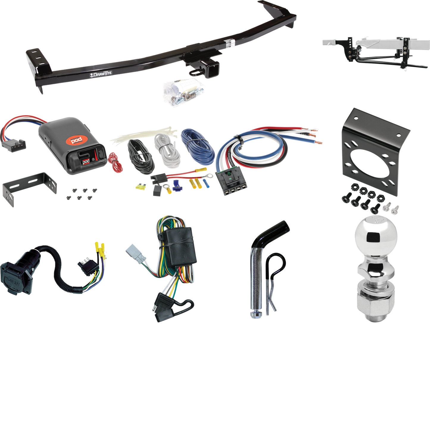 Fits 2001-2006 Acura MDX Trailer Hitch Tow PKG w/ 6K Round Bar Weight Distribution Hitch w/ 2-5/16" Ball + 2" Ball + Pin/Clip + Pro Series POD Brake Control + Generic BC Wiring Adapter + 7-Way RV Wiring (Excludes: w/Full Size Spare Tire Models) By Dr