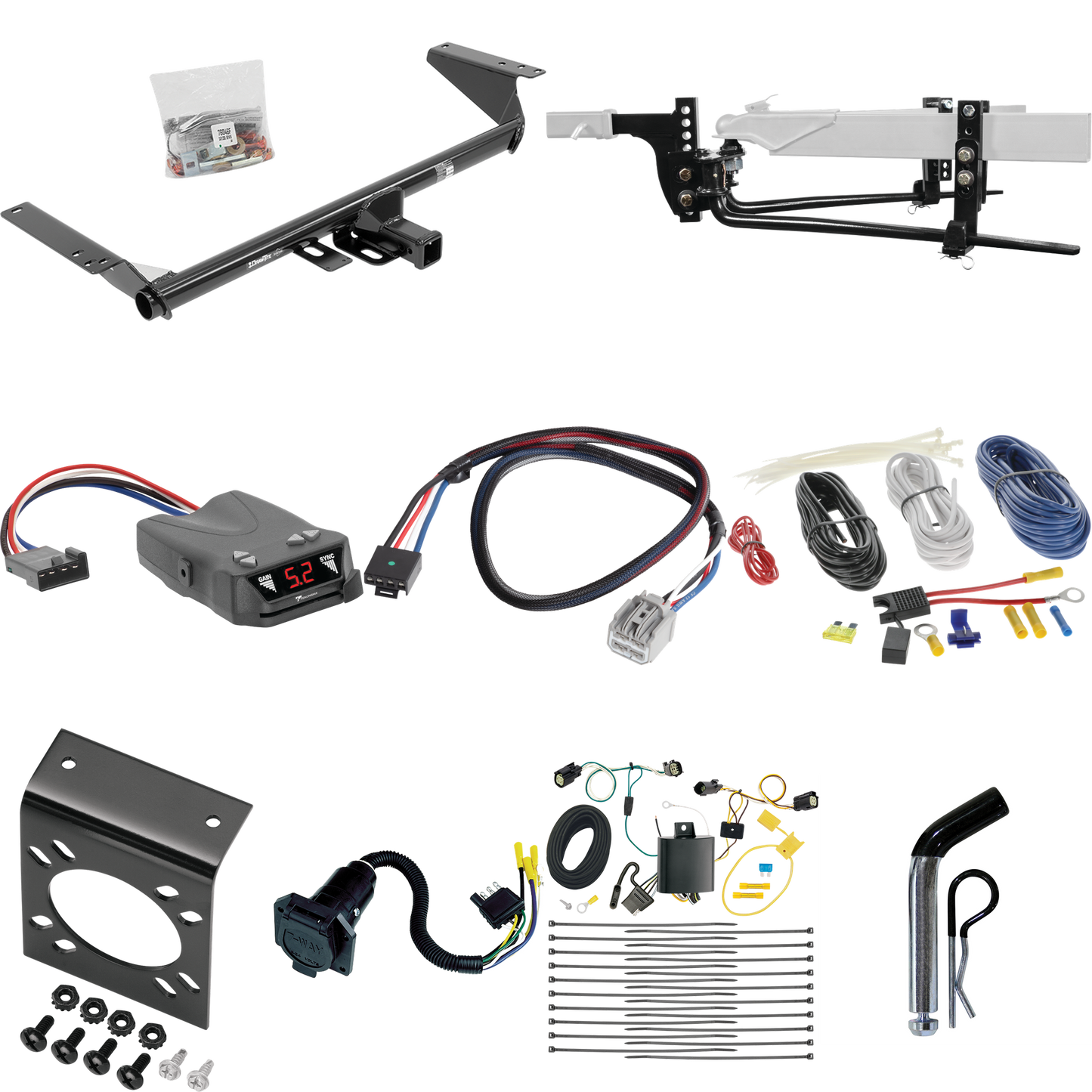 Fits 2017-2020 Chrysler Pacifica Trailer Hitch Tow PKG w/ 6K Round Bar Weight Distribution Hitch w/ 2-5/16" Ball + Pin/Clip + Tekonsha Brakeman IV Brake Control + Plug & Play BC Adapter + 7-Way RV Wiring (For Limited Models) By Draw-Tite