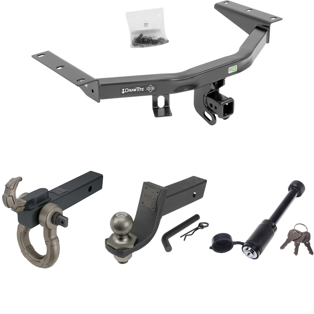 Fits 2014-2020 Acura MDX Trailer Hitch Tow PKG + Interlock Tactical Starter Kit w/ 3-1/4" Drop & 2" Ball + Tactical Hook & Shackle Mount + Tactical Dogbone Lock (Excludes: w/Full Size Spare Tire Models) By Draw-Tite