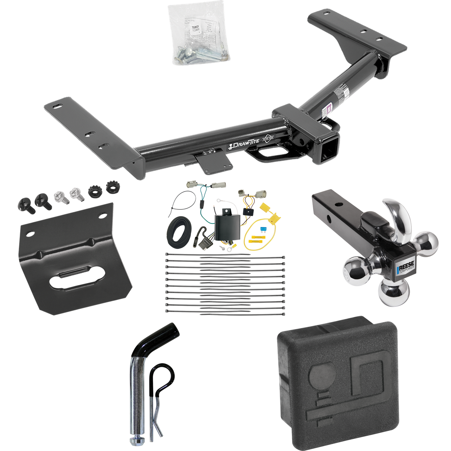 Fits 2015-2023 Ford Transit-350 Trailer Hitch Tow PKG w/ 4-Flat Wiring + Triple Ball Ball Mount 1-7/8" & 2" & 2-5/16" Trailer Balls w/ Tow Hook + Pin/Clip + Wiring Bracket + Hitch Cover (Excludes: Single Rear Wheel w/148" Wheelbase or Cab & Chassis a