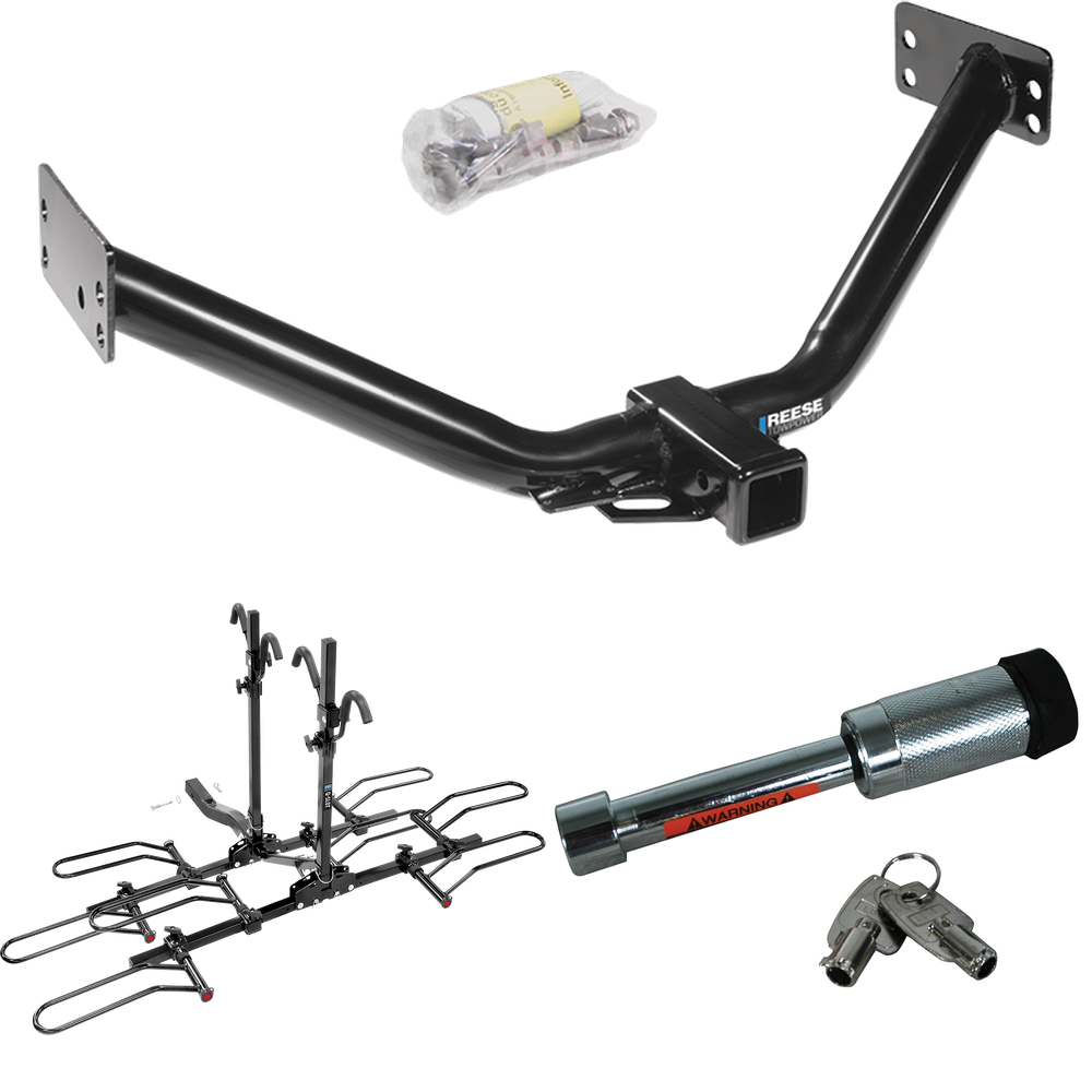 Fits 2007-2013 Acura MDX Trailer Hitch Tow PKG w/ 4 Bike Plaform Style Carrier Rack + Hitch Lock (Excludes: w/Full Size Spare Tire or w/Rear Sport Bumper Option Models) By Reese Towpower