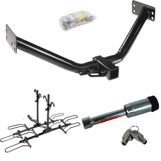 Fits 2007-2013 Acura MDX Trailer Hitch Tow PKG w/ 4 Bike Plaform Style Carrier Rack + Hitch Lock (Excludes: w/Full Size Spare Tire or w/Rear Sport Bumper Option Models) By Reese Towpower