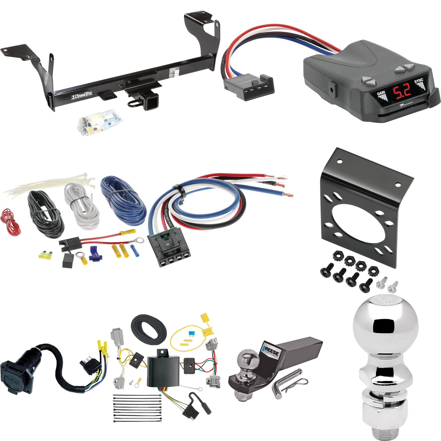 Se adapta al paquete de enganche de remolque Volvo XC60 2010-2017 con control de freno Tekonsha Brakeman IV + adaptador de cableado BC genérico + cableado RV de 7 vías + soporte de bola y caída de 2" y 2-5/16" de Draw-Tite