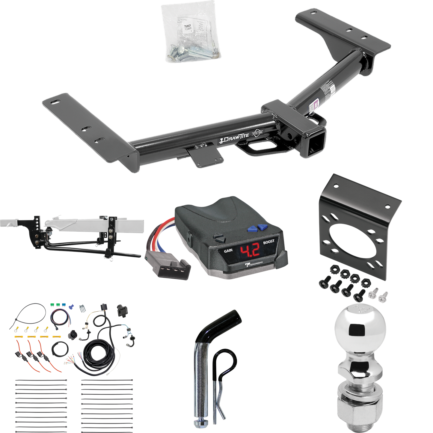 Fits 2015-2023 Ford Transit-350 Trailer Hitch Tow PKG w/ 8K Round Bar Weight Distribution Hitch w/ 2-5/16" Ball + 2" Ball + Pin/Clip + Tekonsha BRAKE-EVN Brake Control + 7-Way RV Wiring (Excludes: Single Rear Wheel w/148" Wheelbase or Cab & Chassis a