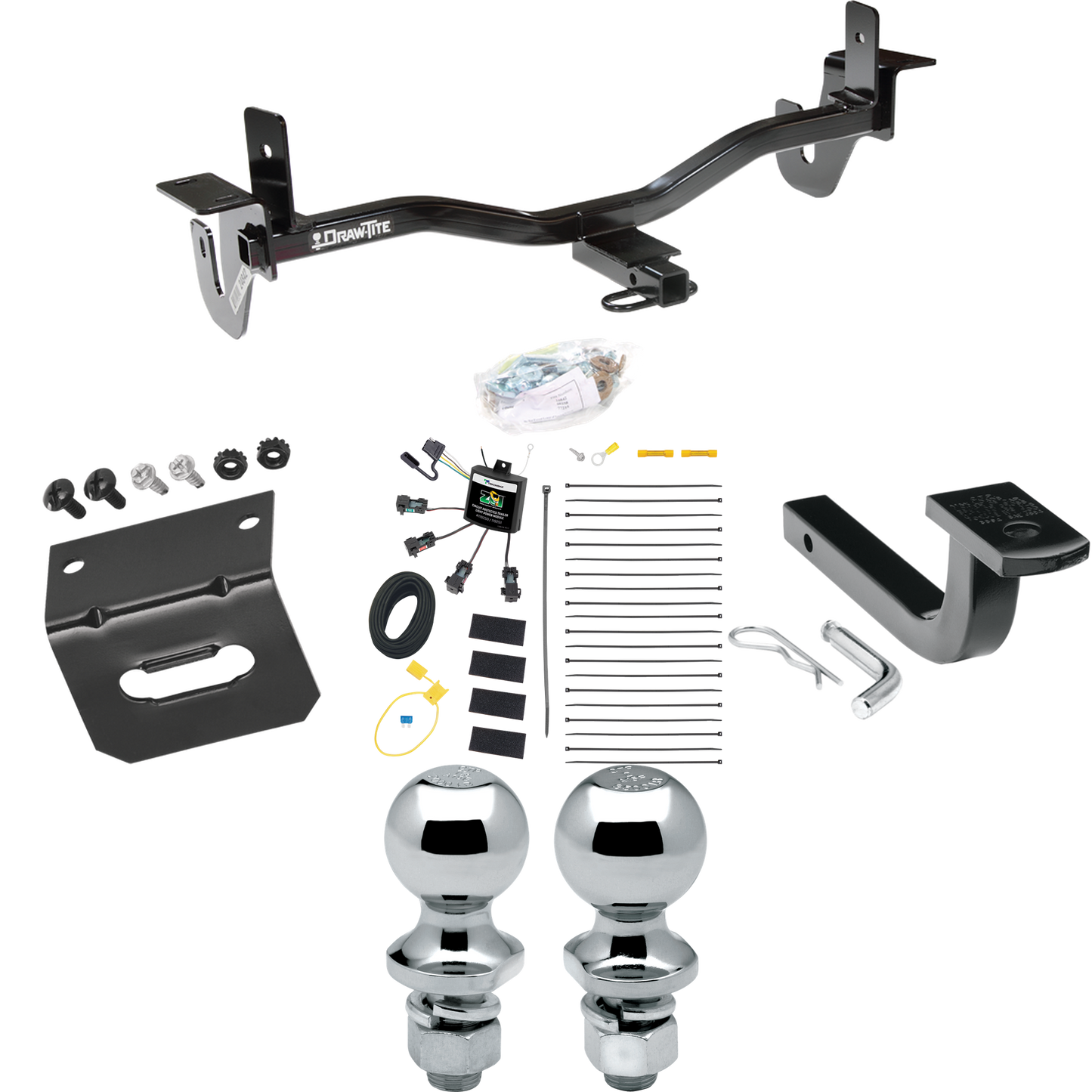 Fits 2010-2013 Mazda 3 Trailer Hitch Tow PKG w/ 4-Flat Zero Contact "No Splice" Wiring Harness + Draw-Bar + 1-7/8" + 2" Ball + Wiring Bracket (For Sedan, w/Grand Touring LED Taillights Models) By Draw-Tite