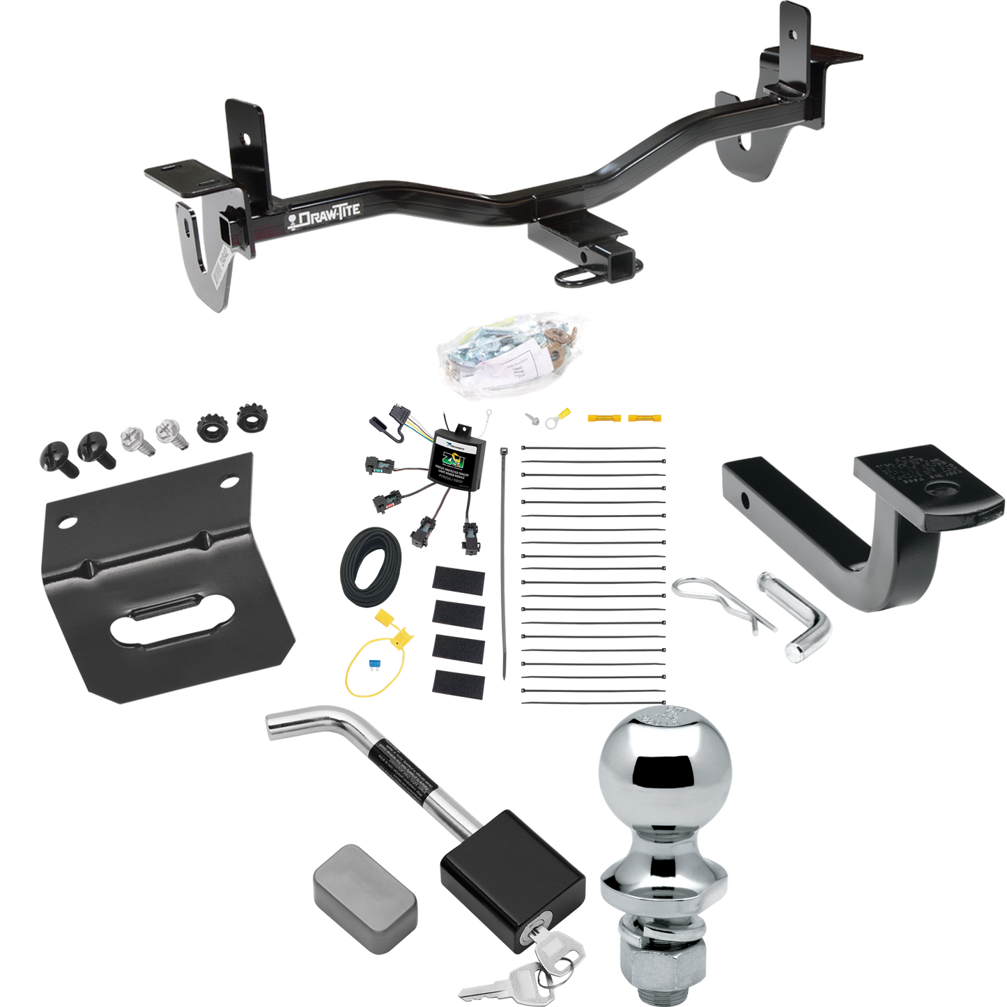 Fits 2010-2013 Mazda 3 Trailer Hitch Tow PKG w/ 4-Flat Zero Contact "No Splice" Wiring Harness + Draw-Bar + 1-7/8" Ball + Wiring Bracket + Hitch Lock (For Sedan, w/Grand Touring LED Taillights Models) By Draw-Tite