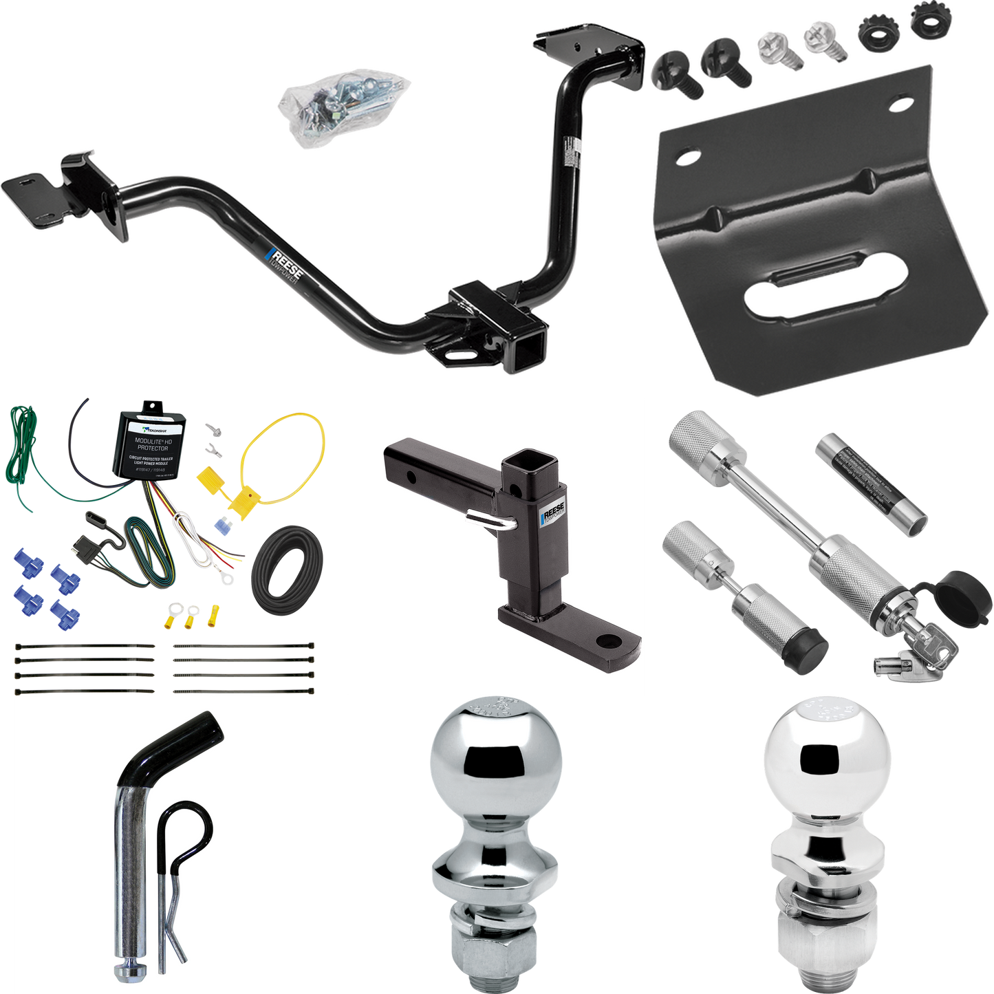 Fits 2004-2008 Chrysler Pacifica Trailer Hitch Tow PKG w/ 4-Flat Wiring Harness + Adjustable Drop Rise Ball Mount + Pin/Clip + 2" Ball + 1-7/8" Ball + Dual Hitch & Coupler Locks By Reese Towpower