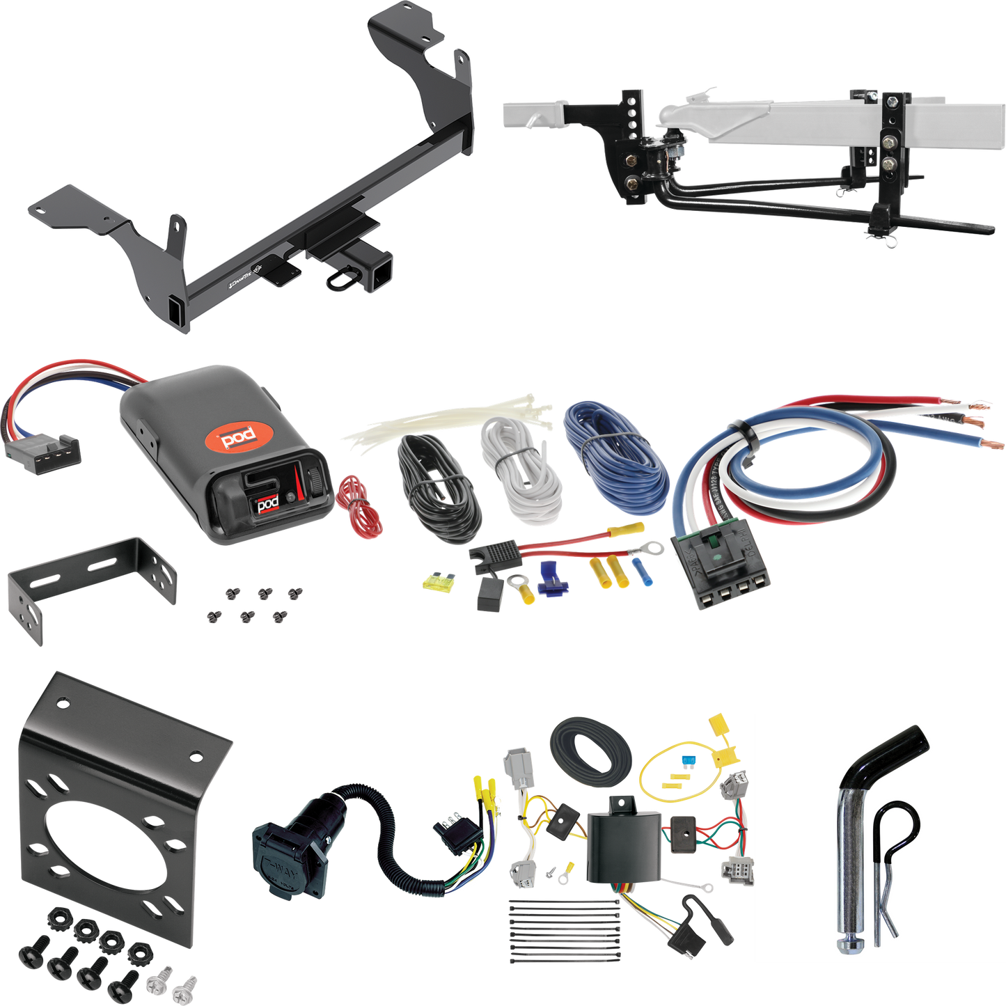 Fits 2014-2017 Volvo XC60 Trailer Hitch Tow PKG w/ 6K Round Bar Weight Distribution Hitch w/ 2-5/16" Ball + Pin/Clip + Pro Series POD Brake Control + Generic BC Wiring Adapter + 7-Way RV Wiring By Draw-Tite