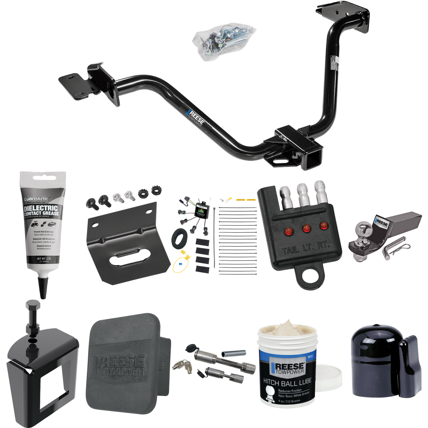 Fits 2004-2008 Chrysler Pacifica Trailer Hitch Tow PKG w/ 4-Flat Zero Contact "No Splice" Wiring + Starter Kit Ball Mount w/ 2" Drop & 2" Ball + 1-7/8" Ball + Wiring Bracket + Dual Hitch & Coupler Locks + Hitch Cover + Wiring Tester + Ball Lube + Ele