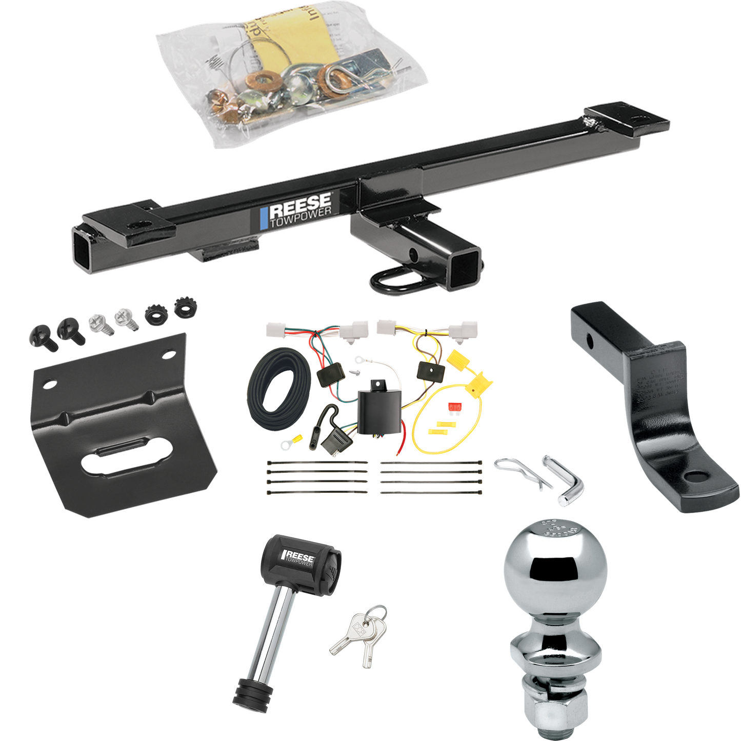 Se adapta al paquete de enganche de remolque Mazda 5 2006-2010 con arnés de cableado plano de 4 + barra de tracción + bola de 2" + soporte de cableado + bloqueo de enganche de Reese Towpower