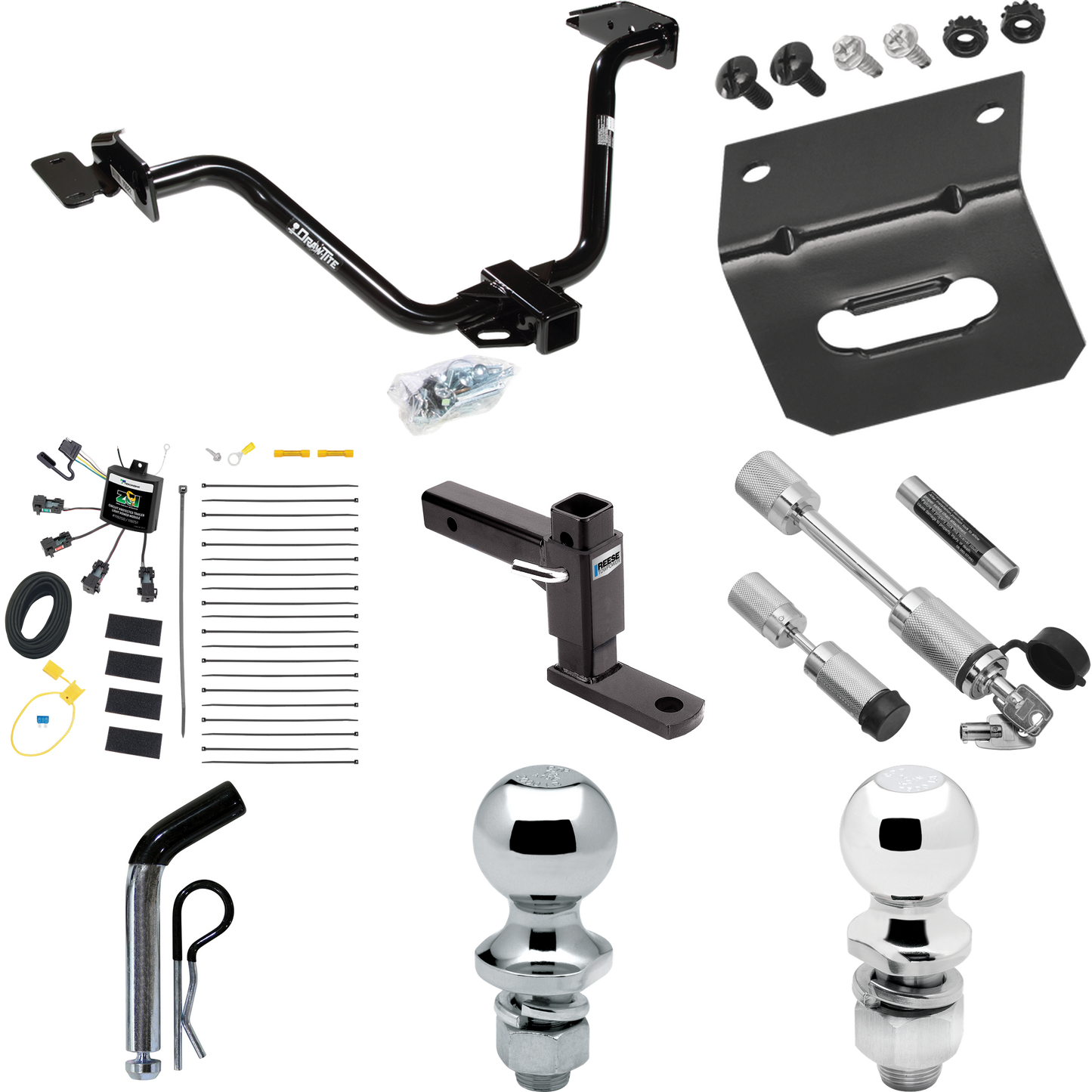 Fits 2004-2008 Chrysler Pacifica Trailer Hitch Tow PKG w/ 4-Flat Zero Contact "No Splice" Wiring Harness + Adjustable Drop Rise Ball Mount + Pin/Clip + 2" Ball + 1-7/8" Ball + Dual Hitch & Coupler Locks By Draw-Tite