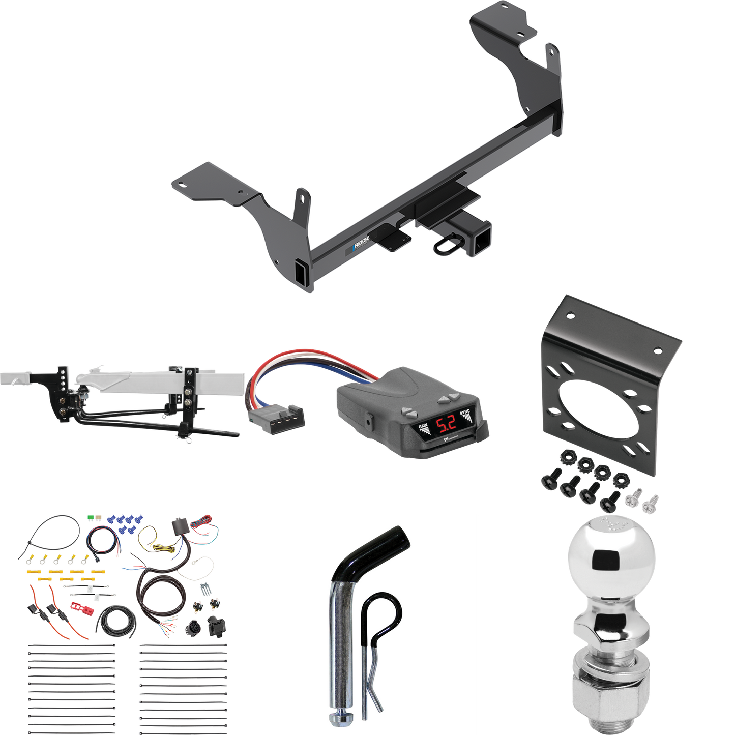 Fits 2014-2017 Volvo XC60 Trailer Hitch Tow PKG w/ 6K Round Bar Weight Distribution Hitch w/ 2-5/16" Ball + 2" Ball + Pin/Clip + Tekonsha Brakeman IV Brake Control + 7-Way RV Wiring By Reese Towpower