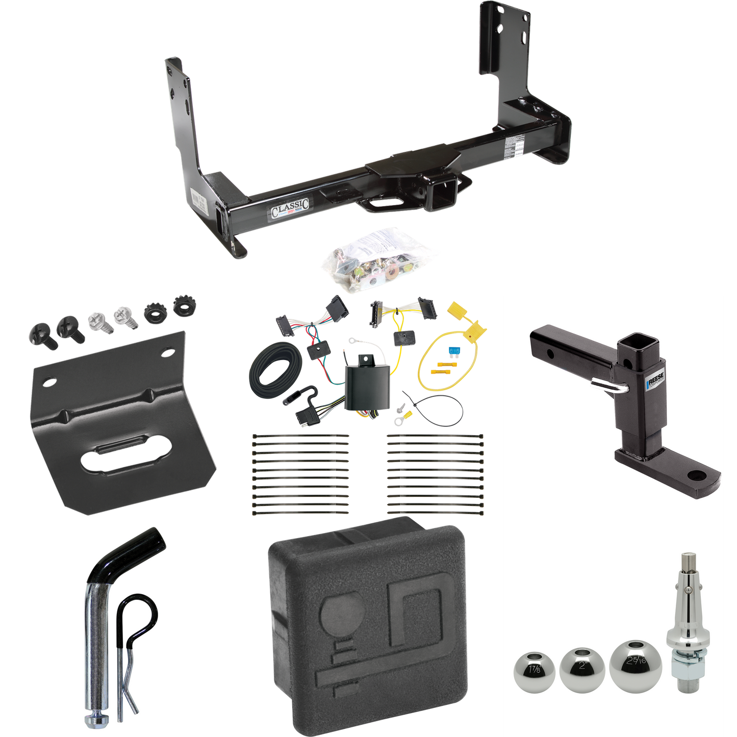 Fits 2014-2018 Freightliner Sprinter 3500 Trailer Hitch Tow PKG w/ 4-Flat Wiring + Adjustable Drop Rise Ball Mount + Pin/Clip + Inerchangeable 1-7/8" & 2" & 2-5/16" Balls + Wiring Bracket + Hitch Cover (Excludes: w/Factory Step Bumper Models) By Draw