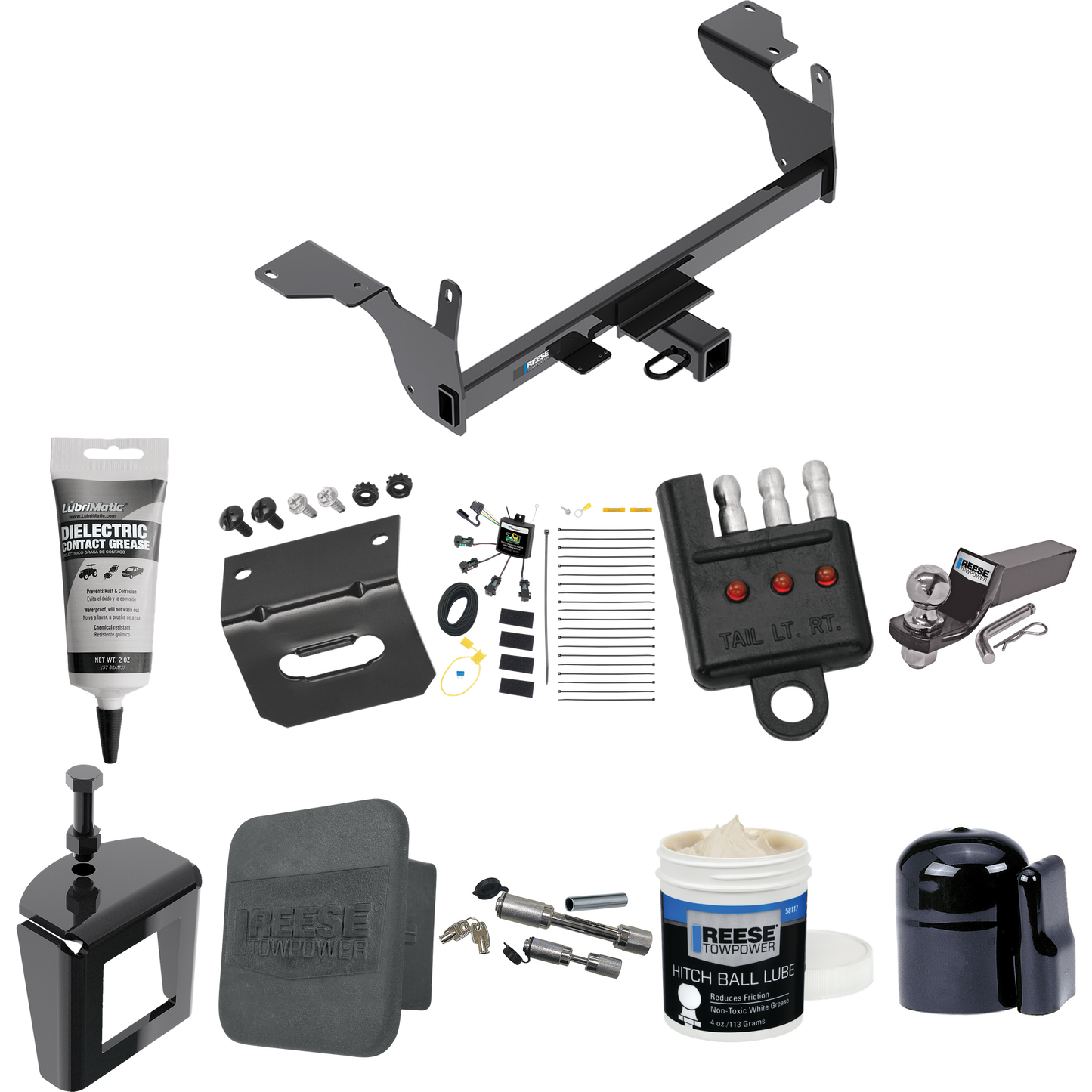 Fits 2014-2017 Volvo XC60 Trailer Hitch Tow PKG w/ 4-Flat Zero Contact "No Splice" Wiring + Starter Kit Ball Mount w/ 2" Drop & 2" Ball + 1-7/8" Ball + Wiring Bracket + Dual Hitch & Coupler Locks + Hitch Cover + Wiring Tester + Ball Lube + Electric G