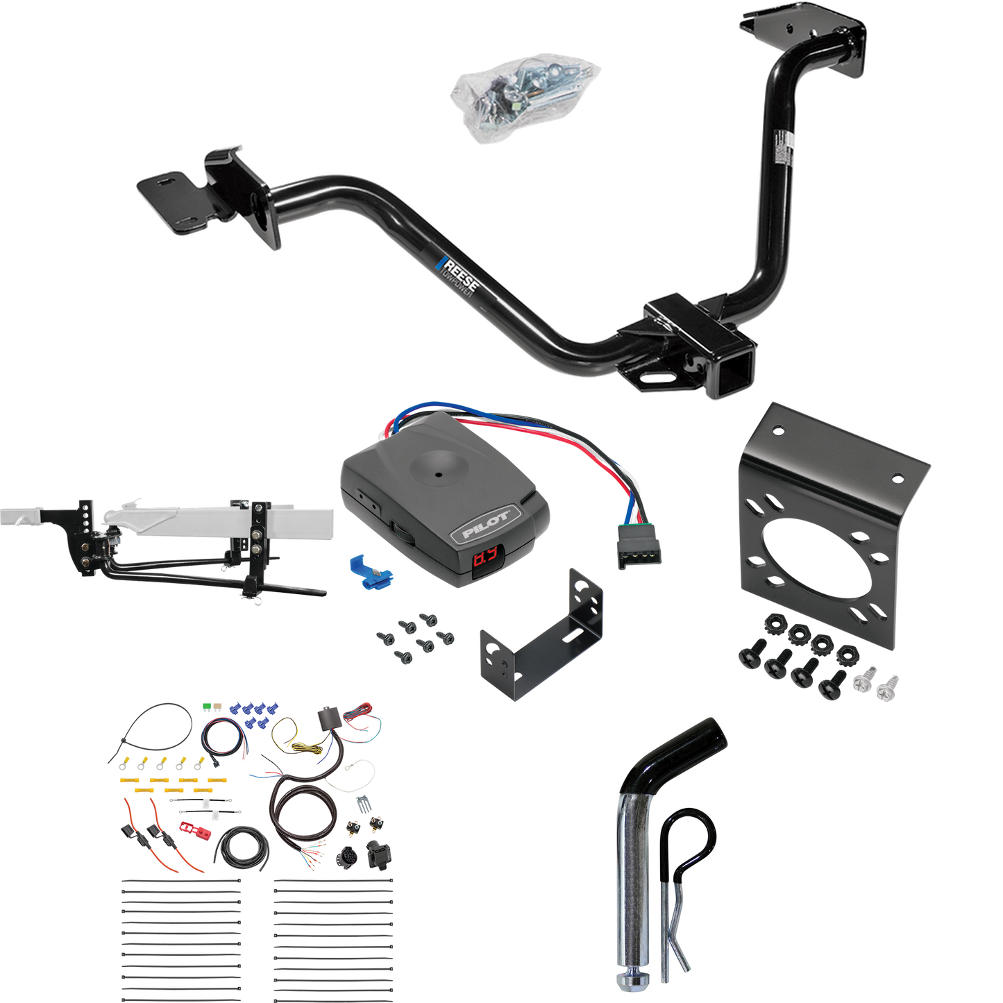 Fits 2004-2008 Chrysler Pacifica Trailer Hitch Tow PKG w/ 6K Round Bar Weight Distribution Hitch w/ 2-5/16" Ball + Pin/Clip + Pro Series Pilot Brake Control + 7-Way RV Wiring By Reese Towpower