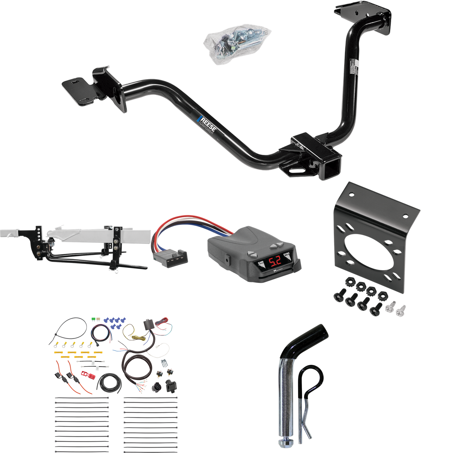 Fits 2004-2008 Chrysler Pacifica Trailer Hitch Tow PKG w/ 6K Round Bar Weight Distribution Hitch w/ 2-5/16" Ball + Pin/Clip + Tekonsha Brakeman IV Brake Control + 7-Way RV Wiring By Reese Towpower