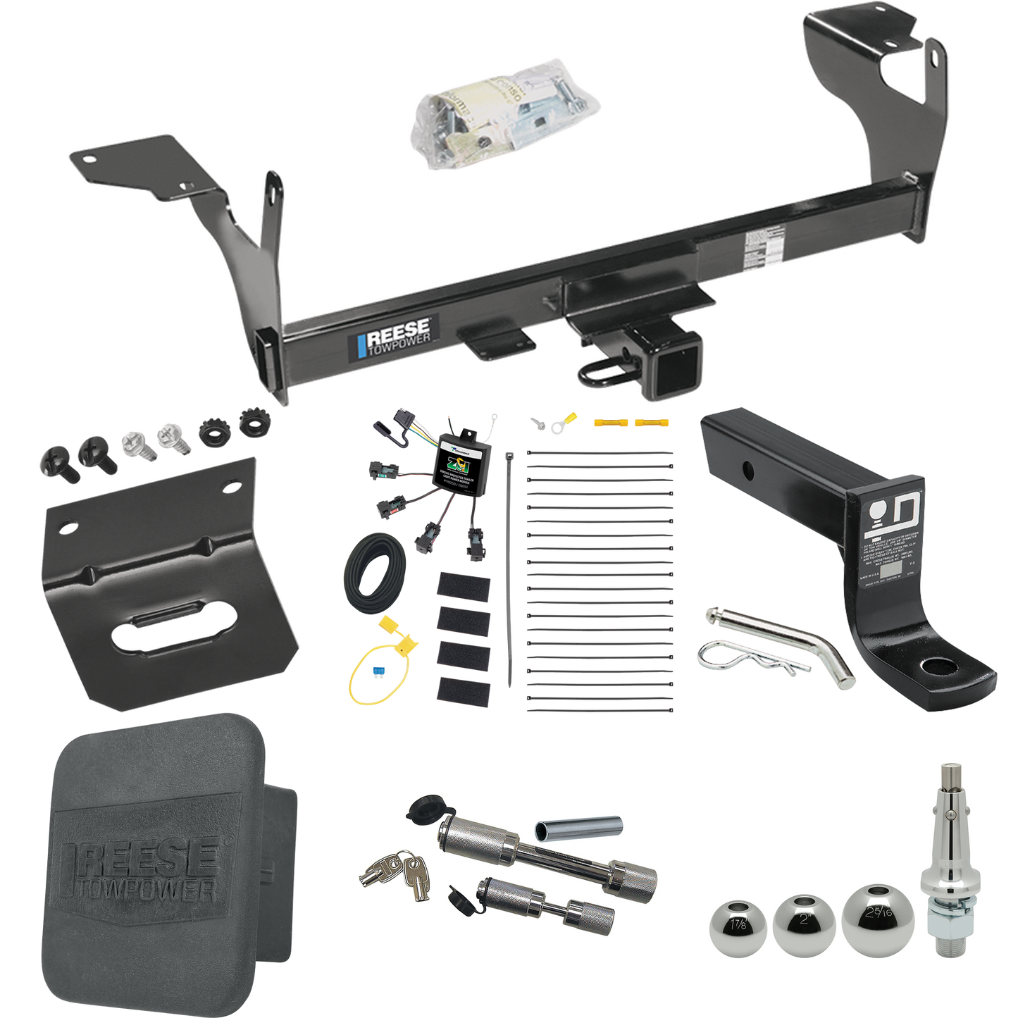 Fits 2010-2017 Volvo XC60 Trailer Hitch Tow PKG w/ 4-Flat Zero Contact "No Splice" Wiring + Ball Mount w/ 4" Drop + Interchangeable Ball 1-7/8" & 2" & 2-5/16" + Wiring Bracket + Dual Hitch & Coupler Locks + Hitch Cover By Reese Towpower