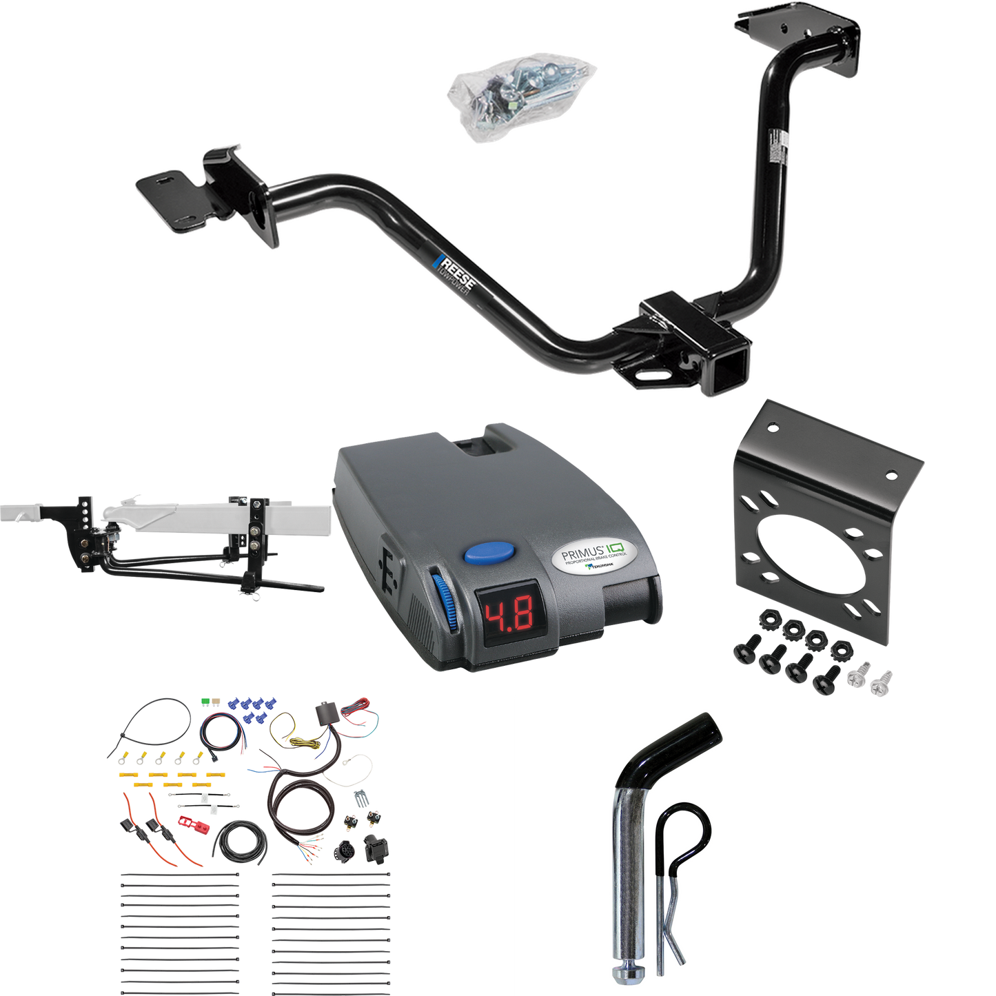 Fits 2004-2008 Chrysler Pacifica Trailer Hitch Tow PKG w/ 6K Round Bar Weight Distribution Hitch w/ 2-5/16" Ball + Pin/Clip + Tekonsha Primus IQ Brake Control + 7-Way RV Wiring By Reese Towpower