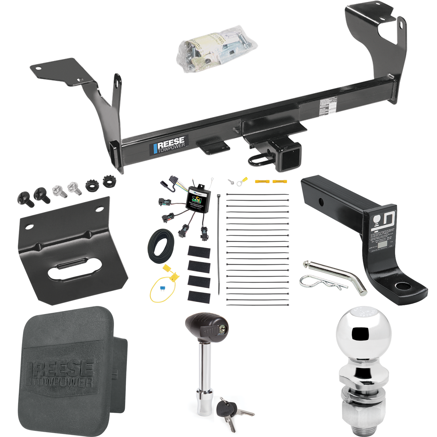 Se adapta al paquete de enganche de remolque Volvo XC60 2010-2017 con cableado "sin empalme" de 4 contactos planos cero + soporte de bola con caída de 4" + bola de 2" + soporte de cableado + bloqueo de enganche + cubierta de enganche de Reese Towpower