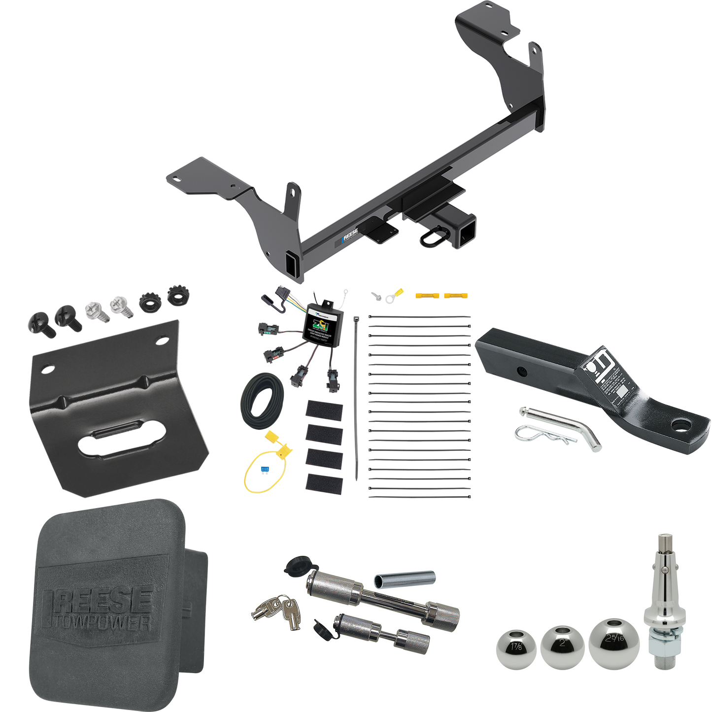 Fits 2014-2017 Volvo XC60 Trailer Hitch Tow PKG w/ 4-Flat Zero Contact "No Splice" Wiring + Ball Mount w/ 2" Drop + Interchangeable Ball 1-7/8" & 2" & 2-5/16" + Wiring Bracket + Dual Hitch & Coupler Locks + Hitch Cover By Reese Towpower