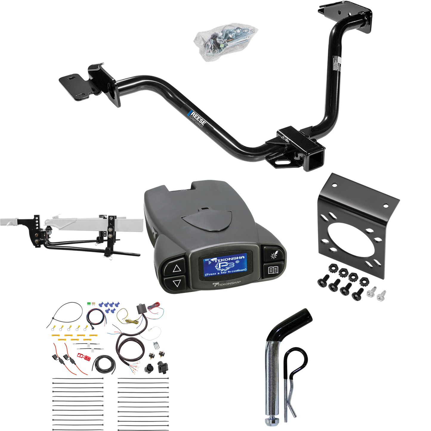 Fits 2004-2008 Chrysler Pacifica Trailer Hitch Tow PKG w/ 6K Round Bar Weight Distribution Hitch w/ 2-5/16" Ball + Pin/Clip + Tekonsha Prodigy P3 Brake Control + 7-Way RV Wiring By Reese Towpower