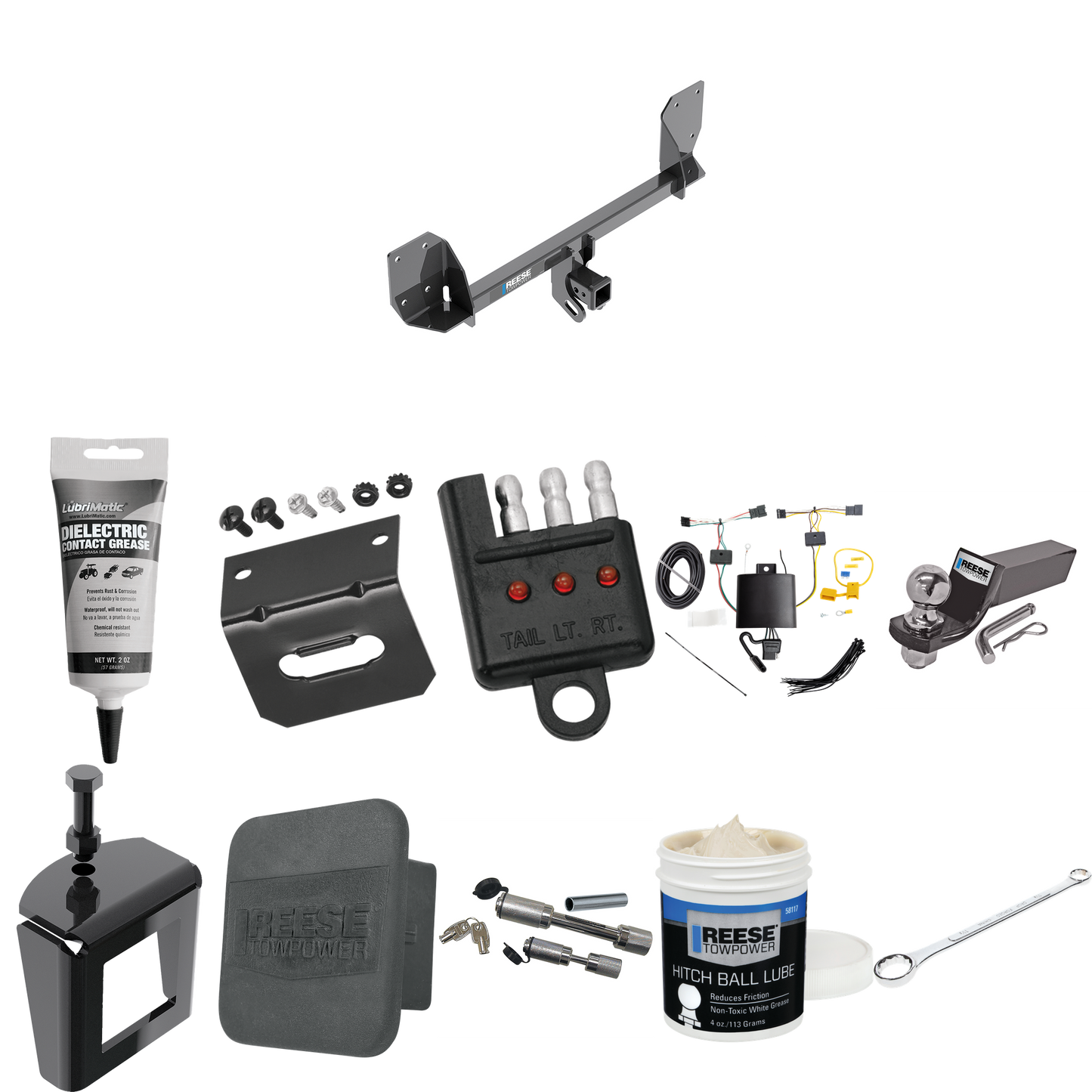 Fits 2018-2023 Volvo XC60 Trailer Hitch Tow PKG w/ 4-Flat Wiring + Starter Kit Ball Mount w/ 2" Drop & 2" Ball + Wiring Bracket + Hitch Cover + Dual Hitch & Coupler Locks + Wiring Tester + Ball Lube + Electric Grease + Ball Wrench + Anti Rattle Devic