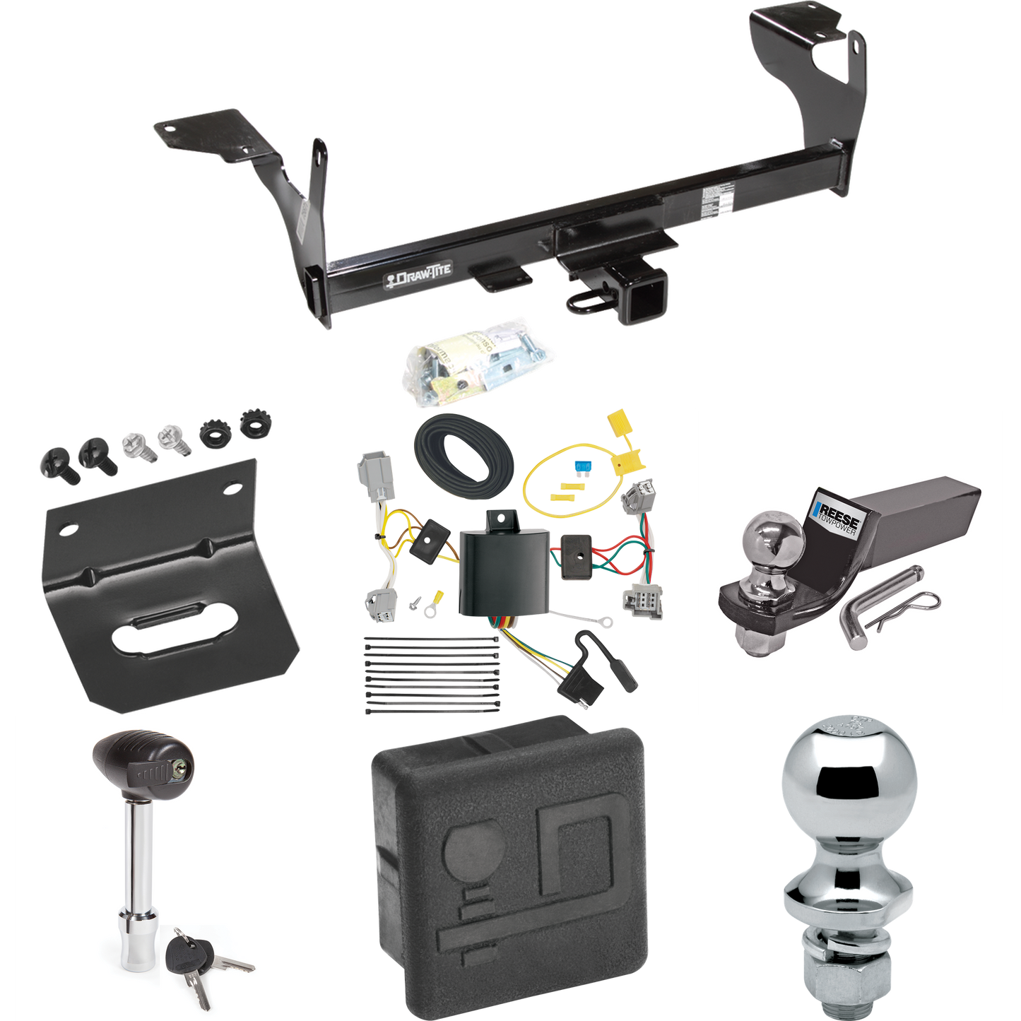 Fits 2010-2017 Volvo XC60 Trailer Hitch Tow PKG w/ 4-Flat Wiring + Starter Kit Ball Mount w/ 2" Drop & 2" Ball + 1-7/8" Ball + Wiring Bracket + Hitch Lock + Hitch Cover By Draw-Tite