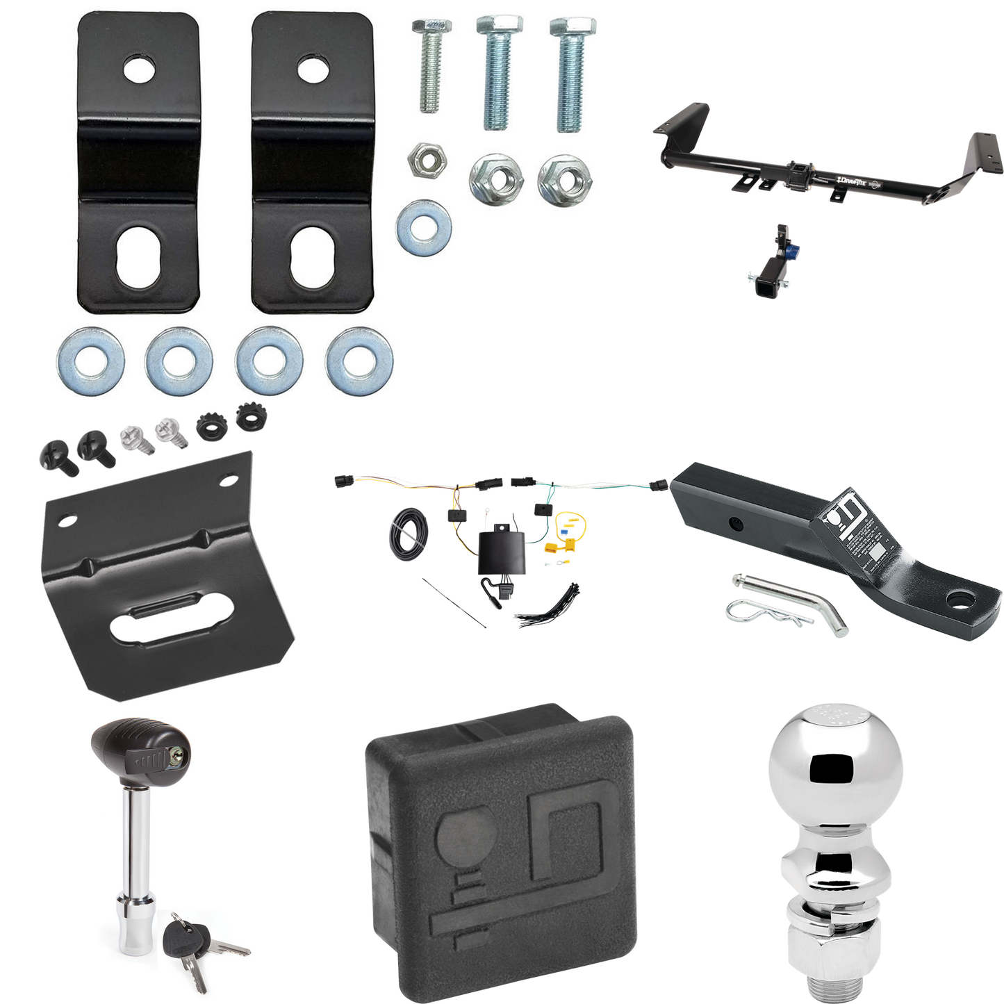 Se adapta al paquete de enganche de remolque híbrido Chrysler Pacifica 2021-2023 con 4 cables planos + soporte de bola con caída de 2" + bola de 2-5/16" + soporte de cableado + bloqueo de enganche + cubierta de enganche de Draw-Tite