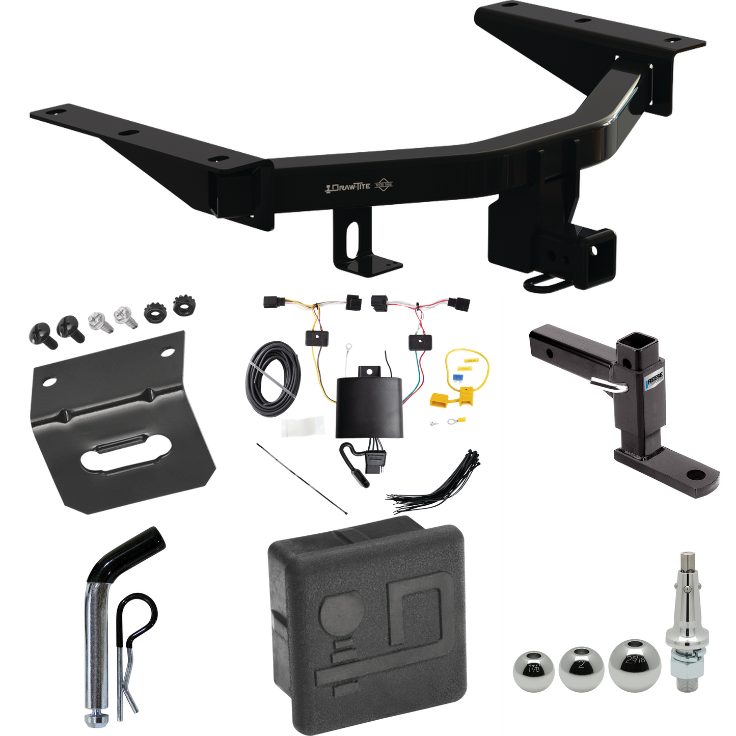 Se adapta al paquete de enganche de remolque Acura MDX 2022-2023 con 4 cables planos + soporte de bola de elevación ajustable + pasador/clip + bolas intercambiables de 1-7/8" y 2" y 2-5/16" + soporte de cableado + enganche Portada de Draw-Tite