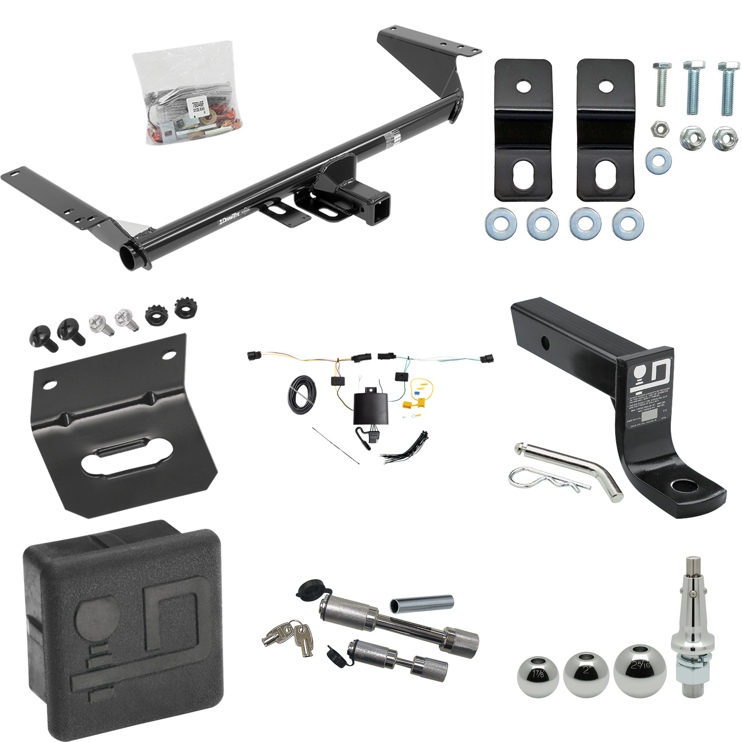 Fits 2021-2023 Chrysler Pacifica Hybrid Trailer Hitch Tow PKG w/ 4-Flat Wiring + Ball Mount w/ 4" Drop + Interchangeable Ball 1-7/8" & 2" & 2-5/16" + Wiring Bracket + Dual Hitch & Coupler Locks + Hitch Cover By Draw-Tite