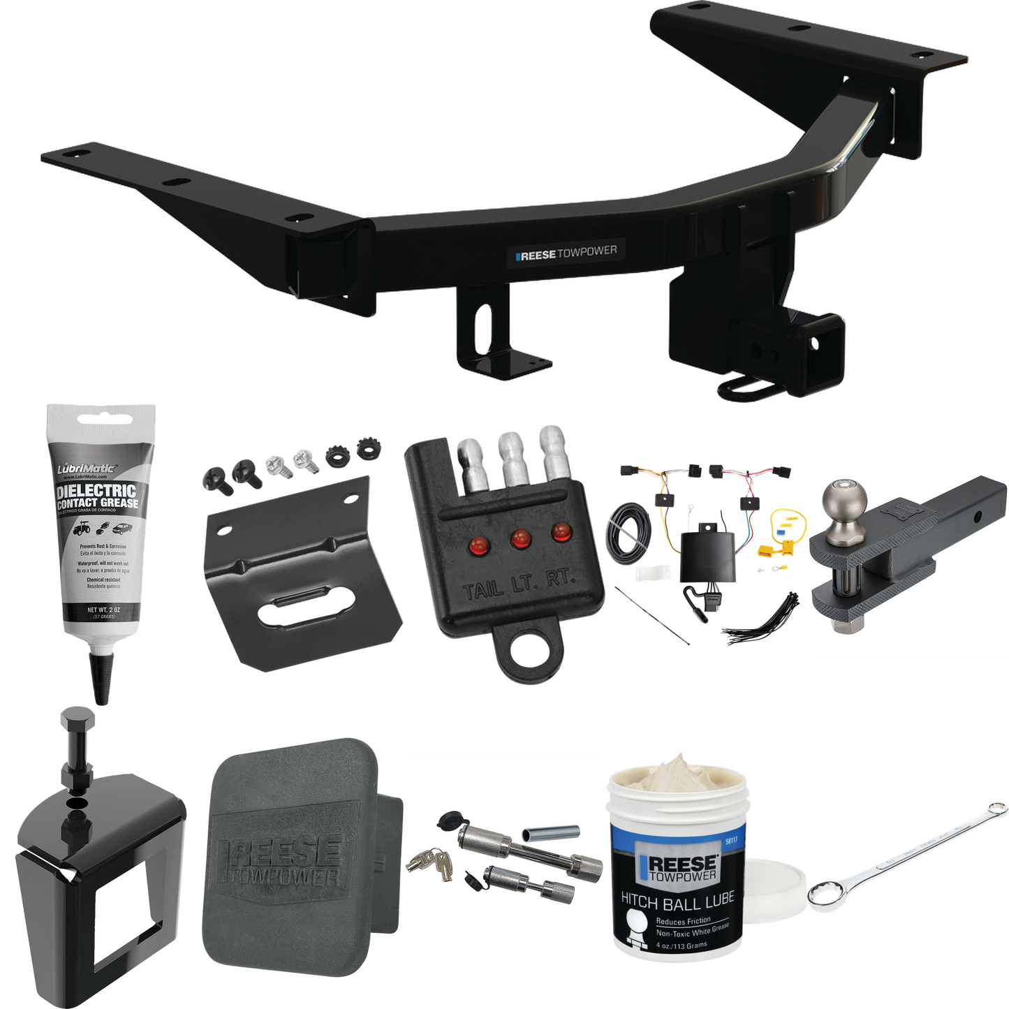 Fits 2022-2023 Acura MDX Trailer Hitch Tow PKG w/ 4-Flat Wiring + Clevis Hitch Ball Mount w/ 2" Ball + Wiring Bracket + Hitch Cover + Dual Hitch & Coupler Locks + Wiring Tester + Ball Lube + Electric Grease + Ball Wrench + Anti Rattle Device By Reese