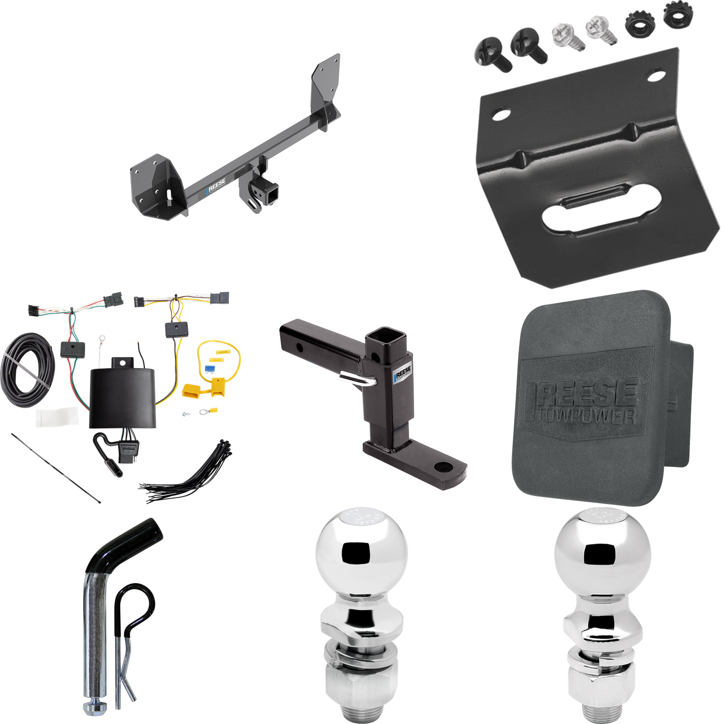 Fits 2018-2023 Volvo XC60 Trailer Hitch Tow PKG w/ 4-Flat Wiring + Adjustable Drop Rise Ball Mount + Pin/Clip + 2" Ball + 2-5/16" Ball + Wiring Bracket + Hitch Cover By Reese Towpower