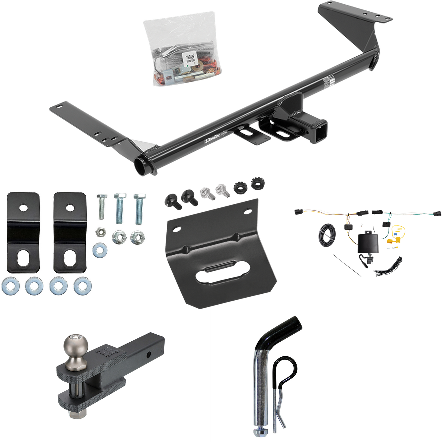 Fits 2021-2023 Chrysler Pacifica Hybrid Trailer Hitch Tow PKG w/ 4-Flat Wiring Harness + Clevis Hitch Ball Mount w/ 2" Ball + Pin/Clip + Wiring Bracket By Draw-Tite