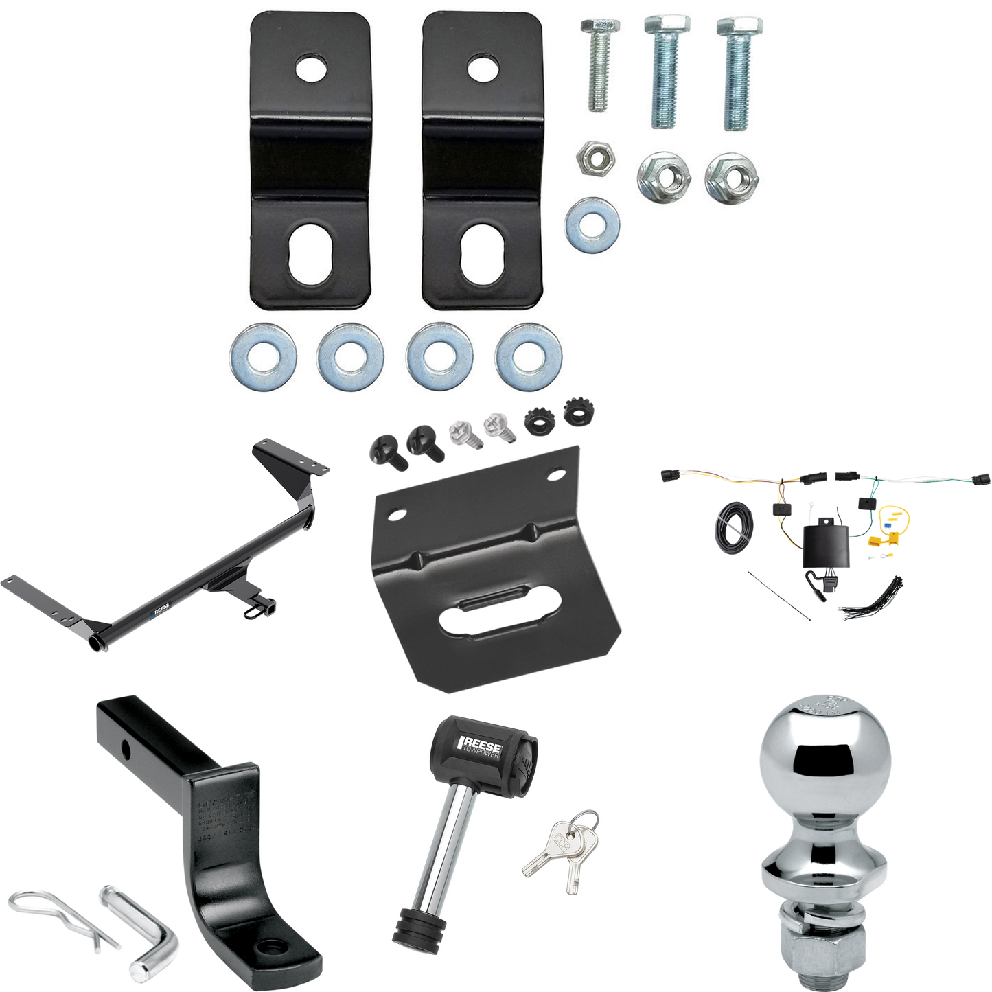 Se adapta al paquete de enganche de remolque híbrido Chrysler Pacifica 2017-2023 con arnés de cableado de 4 planos + barra de tracción + bola de 1-7/8" + soporte de cableado + bloqueo de enganche de Reese Towpower