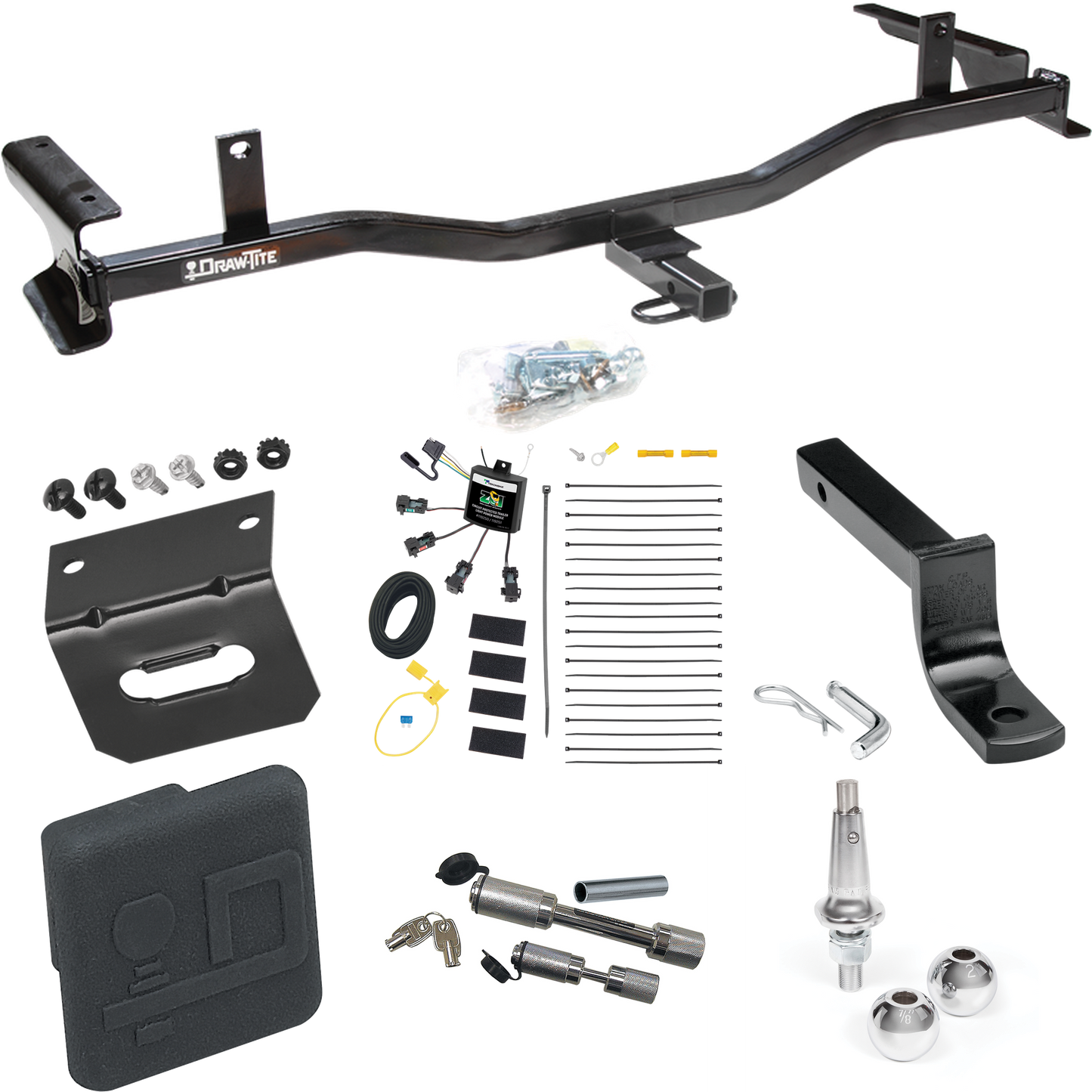 Fits 2009-2013 Mazda 6 Trailer Hitch Tow PKG w/ 4-Flat Zero Contact "No Splice" Wiring Harness + Draw-Bar + Interchangeable 1-7/8" & 2" Balls + Wiring Bracket + Hitch Cover + Dual Hitch & Coupler Locks (For Sedan Models) By Draw-Tite