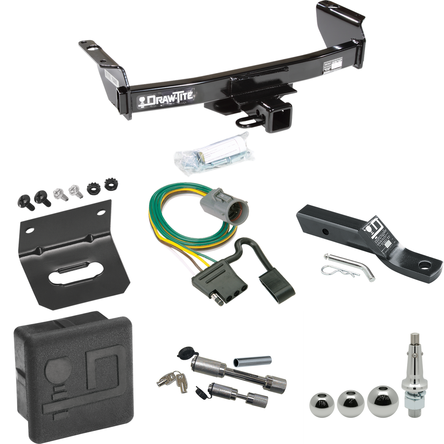 Fits 1998-2001 Mazda B2500 Trailer Hitch Tow PKG w/ 4-Flat Wiring + Ball Mount w/ 2" Drop + Interchangeable Ball 1-7/8" & 2" & 2-5/16" + Wiring Bracket + Dual Hitch & Coupler Locks + Hitch Cover (For w/Factory Tow Package Models) By Draw-Tite