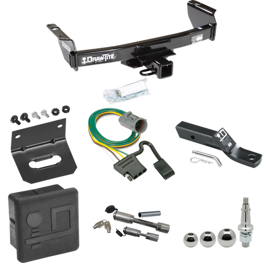 Fits 1998-2001 Mazda B2500 Trailer Hitch Tow PKG w/ 4-Flat Wiring + Ball Mount w/ 2" Drop + Interchangeable Ball 1-7/8" & 2" & 2-5/16" + Wiring Bracket + Dual Hitch & Coupler Locks + Hitch Cover (For w/Factory Tow Package Models) By Draw-Tite