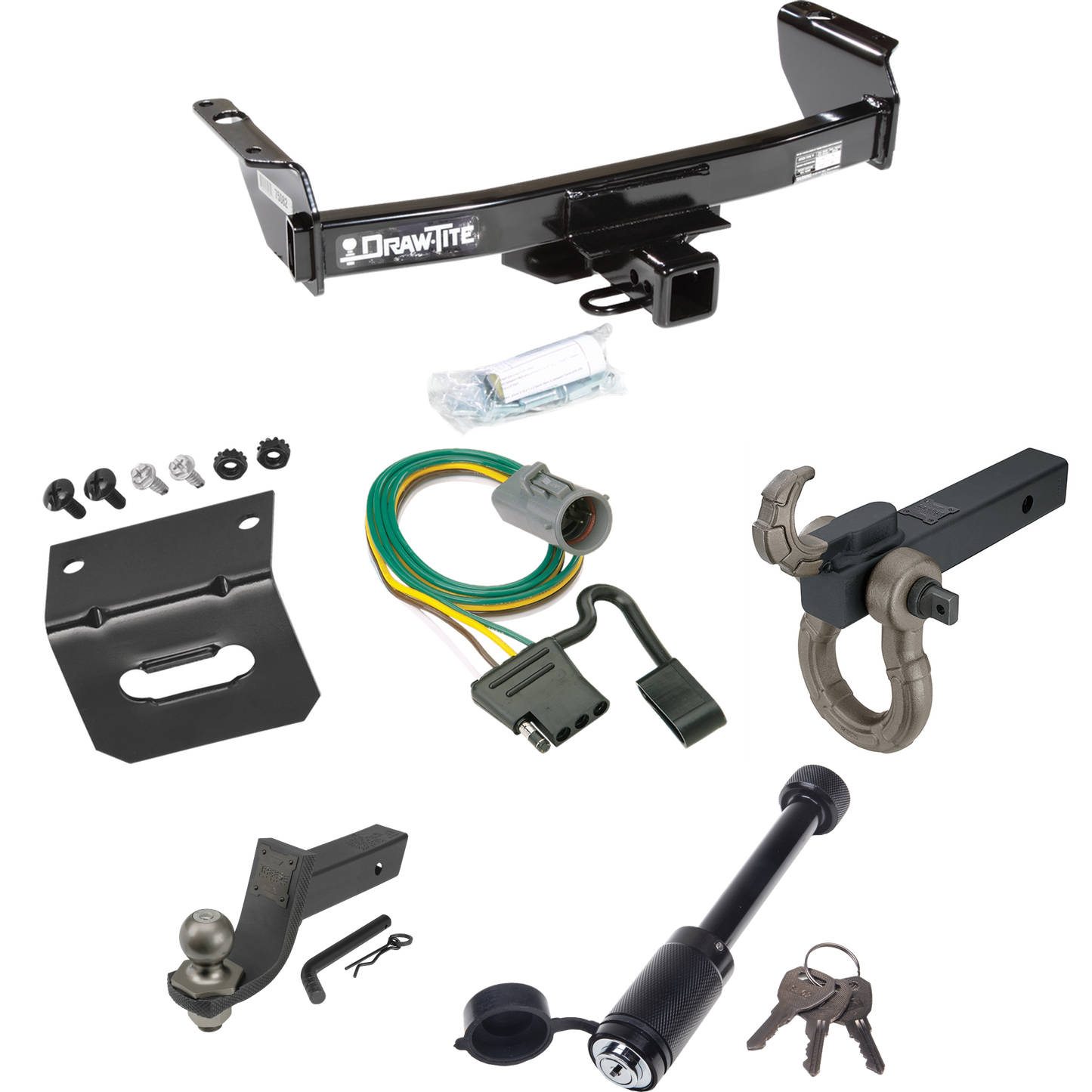 Fits 1998-2001 Mazda B2500 Trailer Hitch Tow PKG w/ 4-Flat Wiring + Interlock Tactical Starter Kit w/ 3-1/4" Drop & 2" Ball + Tactical Hook & Shackle Mount + Tactical Dogbone Lock + Wiring Bracket (For w/Factory Tow Package Models) By Draw-Tite